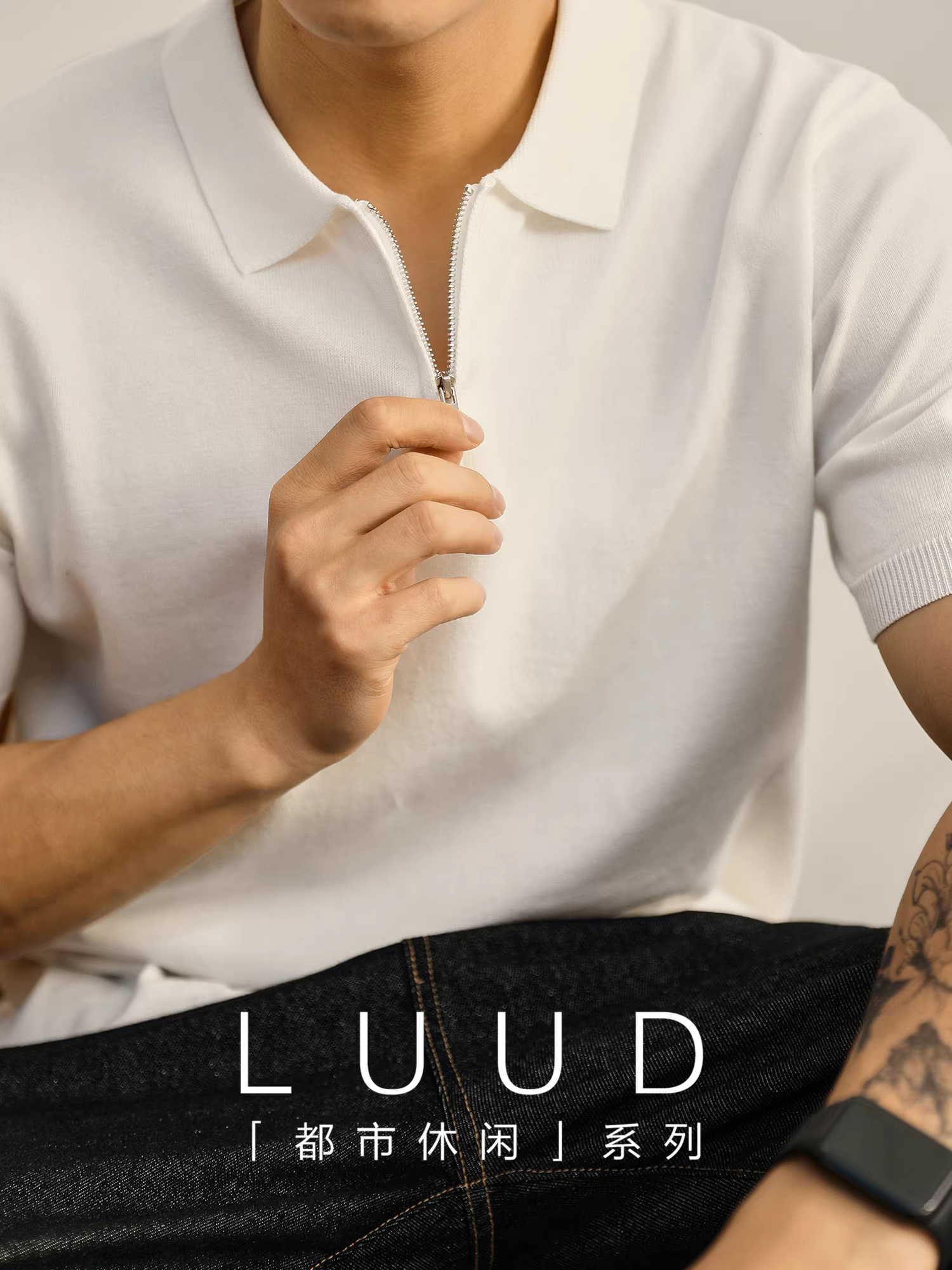 Áo sơ mi polo nửa khóa kéo màu trắng thông thường của LUUD Áo sơ mi polo ngắn tay kiểu dáng Hàn Quốc đa năng, vừa vặn