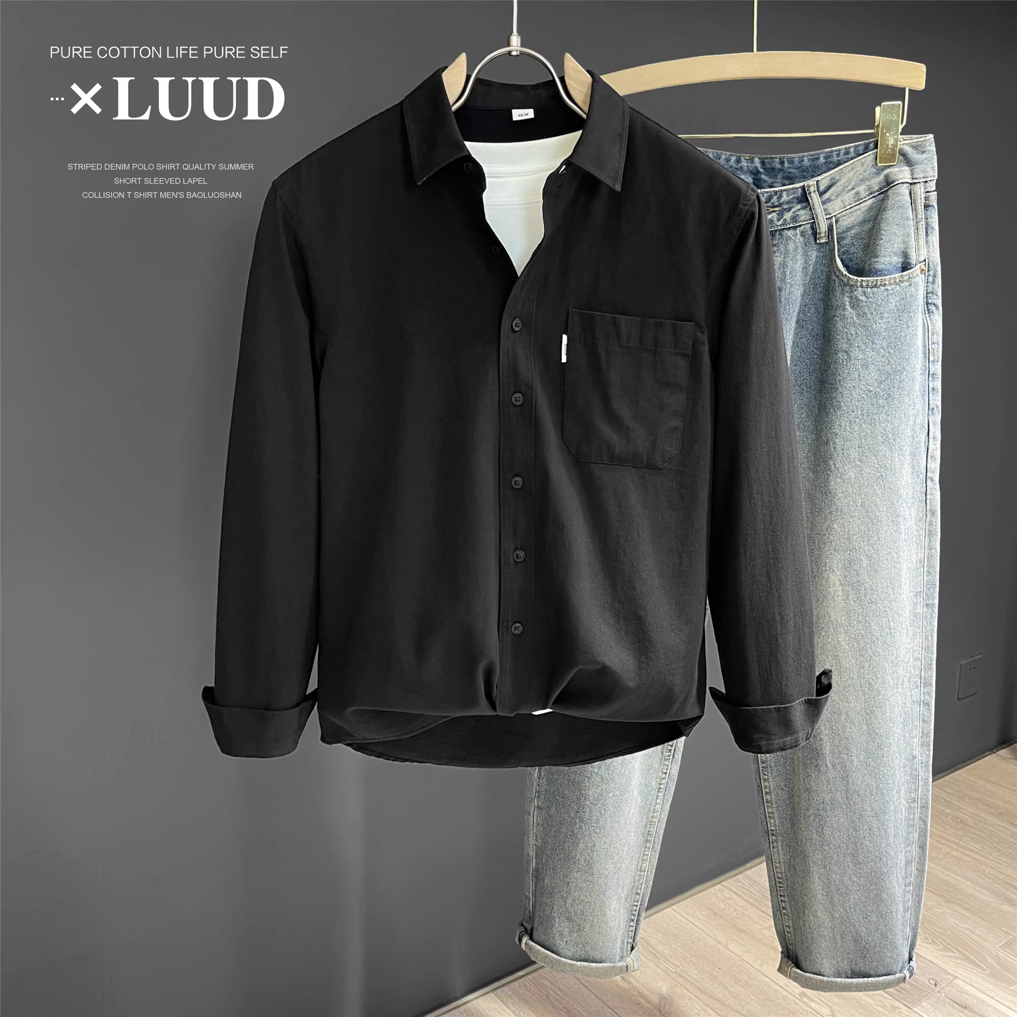 Áo sơ mi nam LUUD 2025 thu sớm, màu đen, cổ trụ, đơn giản, đa năng, thoải mái, chất liệu cotton nguyên chất, tay dài, mặc ngoài.