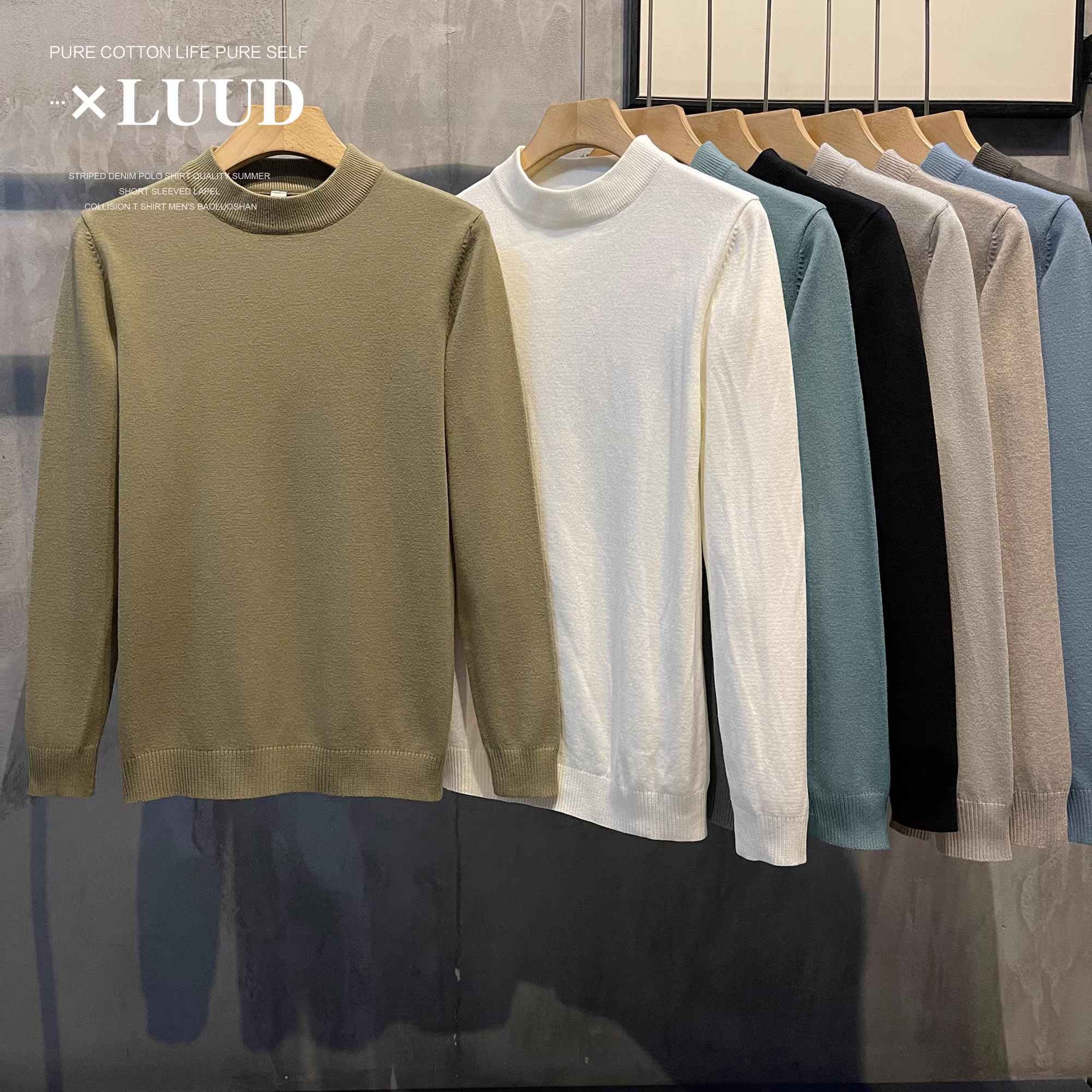 Áo sơ mi dài tay dệt kim ấm áp nhiều màu LUUD dành cho nam, áo sơ mi cổ trung bình thông thường, áo len chất lượng cao lớp trong