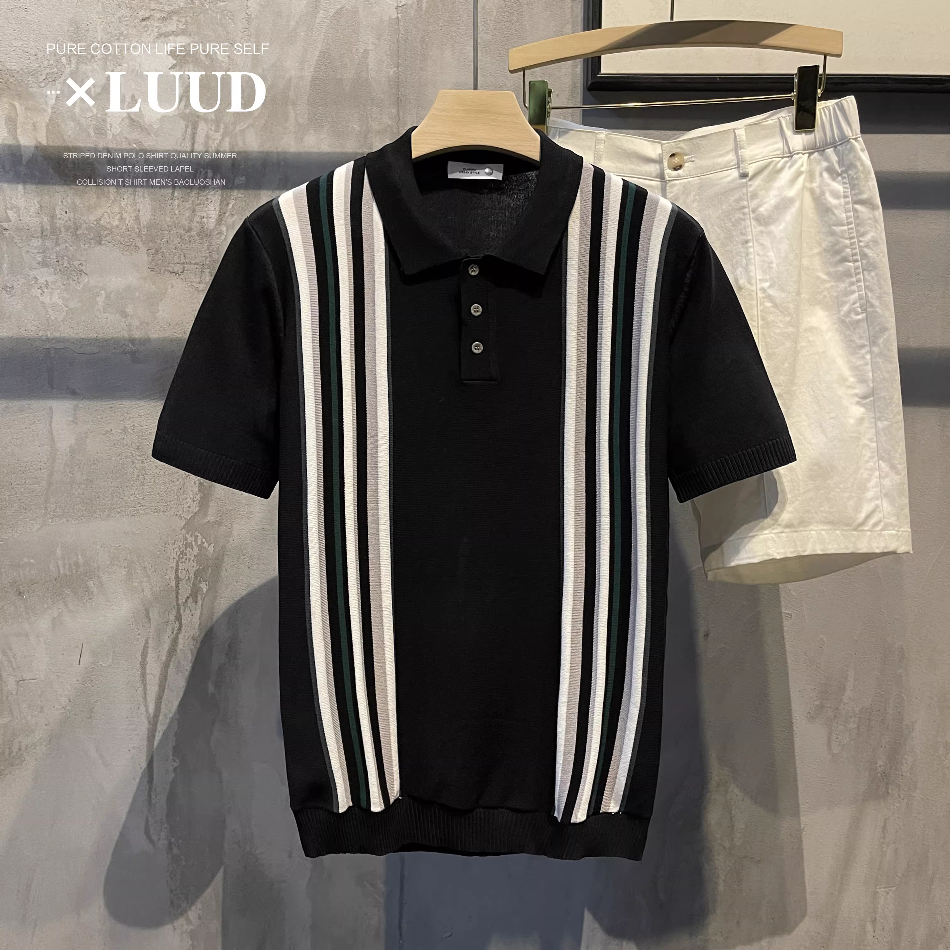 Áo sơ mi dệt kim ngắn tay kiểu Anh trưởng thành LUUD, phối màu theo phong cách retro, sọc dọc, thời thượng, nam tính, hơi rộng, kiểu POLO.