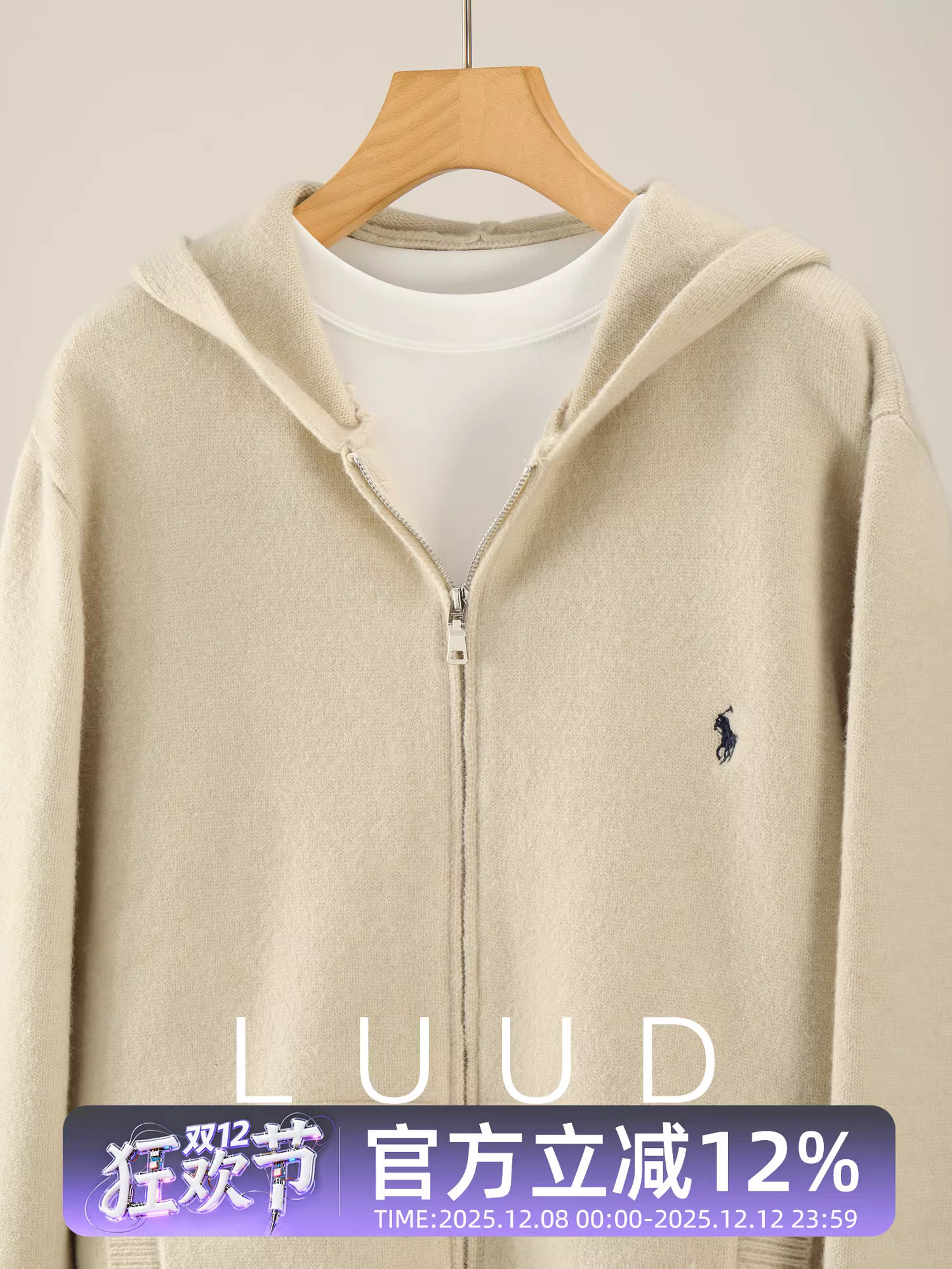 Áo khoác cardigan len dệt kim có mũ trùm đầu, khóa kéo đôi, chất liệu nhung cực mềm mại, phong cách thoải mái và lười biếng, thêu họa tiết hiệp sĩ mùa đông dành cho nam LUUD