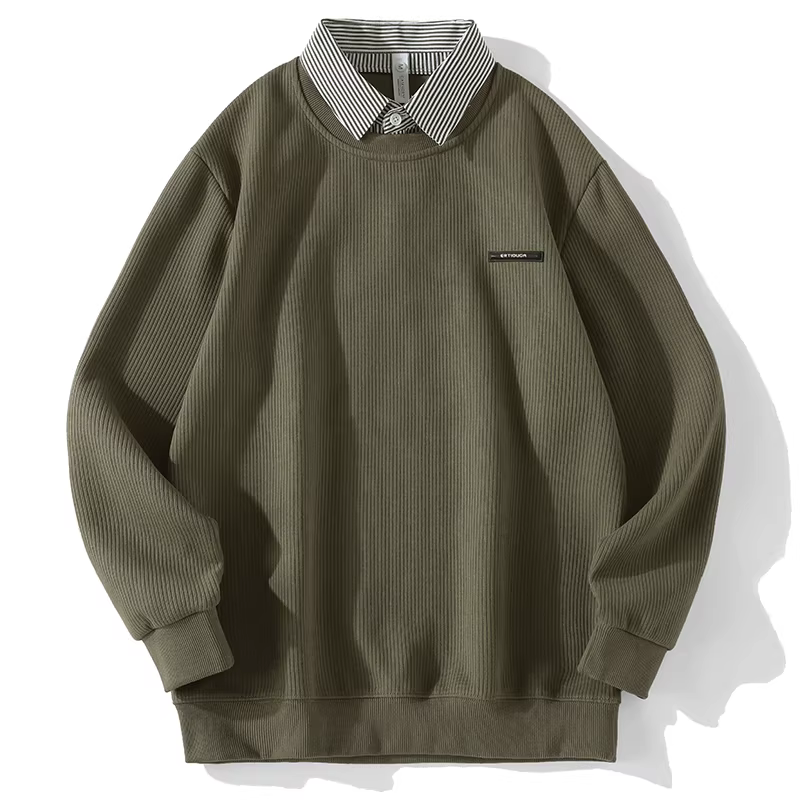 Áo len dệt kim có nhãn nhỏ sọc jacquard LUUD dành cho nam, áo len chui đầu giả hai mảnh có cổ lật.