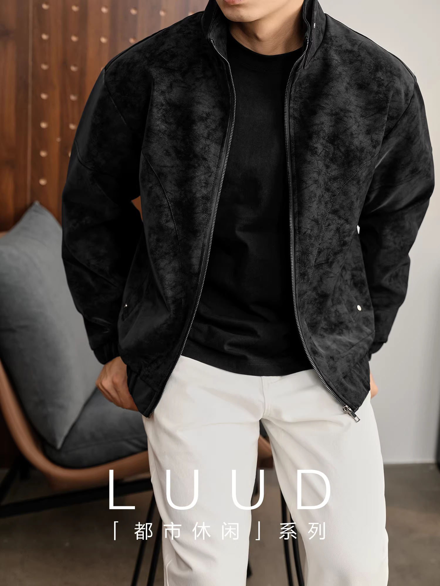 Áo khoác da PU cổ đứng họa tiết cây đen mờ LUUD dành cho nam, áo khoác dày dặn ấm áp mùa đông kiểu dáng phá cách