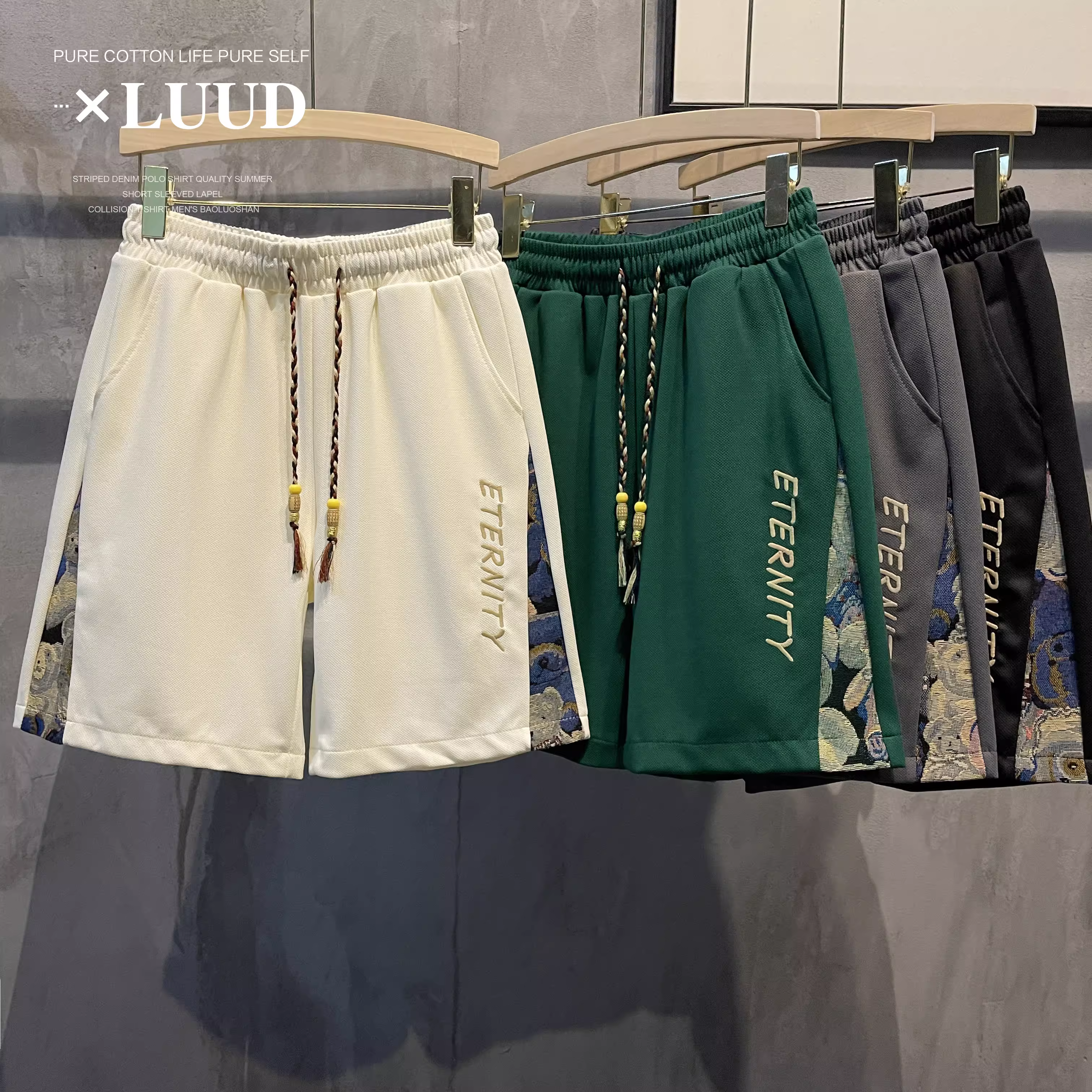 LUUD Phong cách Trung Quốc mới Xu hướng quốc gia Quần short thêu hình gấu Quần short nam mùa hè thẳng thẳng thể thao ngoài trời Quần short ngoài trời