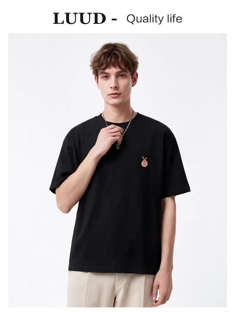 Áo thun cổ tròn dành cho nam giới của LUUD, thương hiệu thời thượng có in hình chú thỏ, chất liệu tạo cảm giác mát mẻ, áo sơ mi ngắn tay dáng rộng đa năng