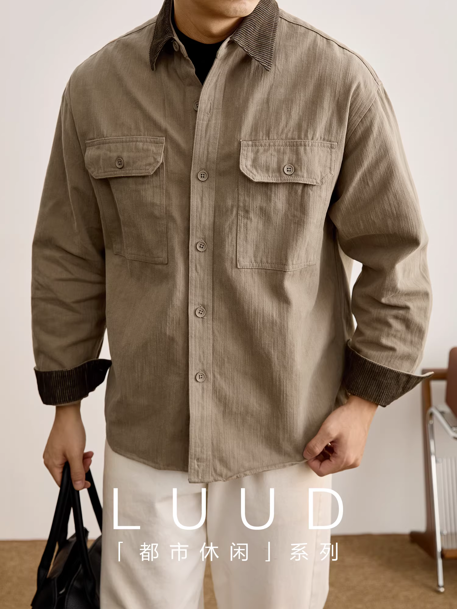 Áo sơ mi làm việc chất liệu cotton đã qua xử lý kiểu retro LUUD Amekaji, chất liệu vải bố, cổ áo phối vải, kiểu dáng patchwork, 280g