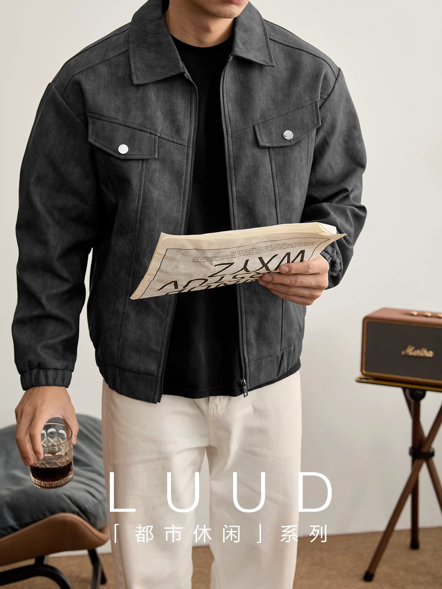 Áo khoác chống gió kiểu dáng thời trang LUUD có túi giả lật lên dành cho nam, áo khoác có ve áo bằng da PU mát mẻ và hợp thời trang