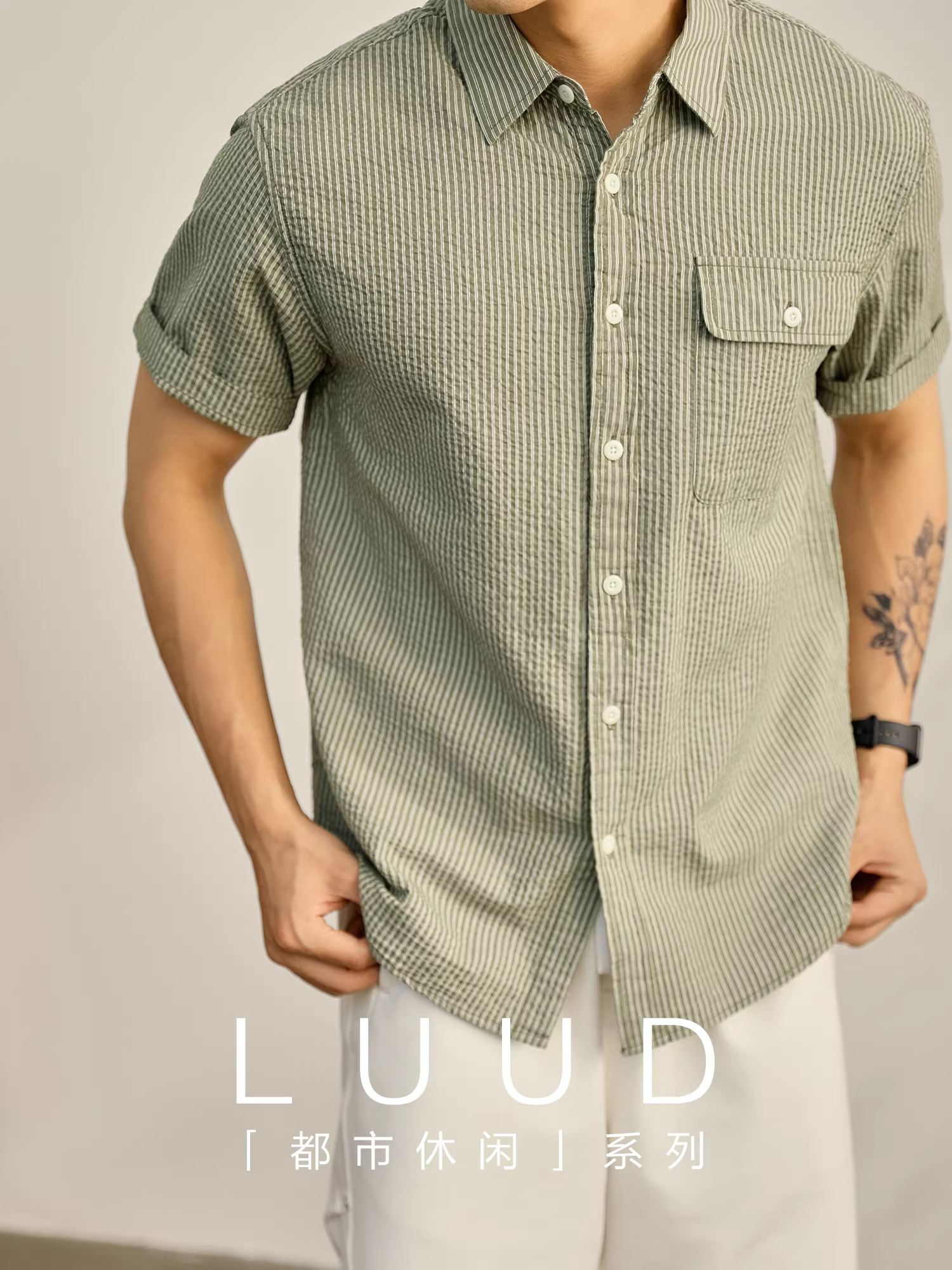 Áo sơ mi thường ngày màu xanh bạc hà mùa hè LUUD có sọc đi làm và thiết kế túi có nắp, áo ngắn tay kiểu Nhật Bản nhẹ nhàng dành cho người trưởng thành