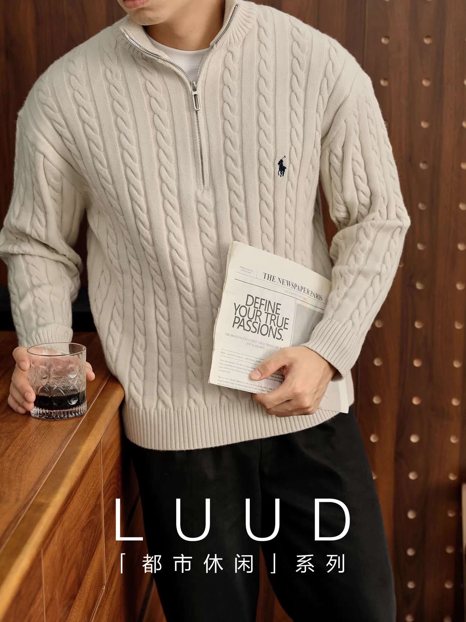 Áo len cổ lọ thêu họa tiết quý tộc cổ điển LUUD, chất liệu sợi lõi xoắn đàn hồi cao, kiểu dệt cáp vintage.