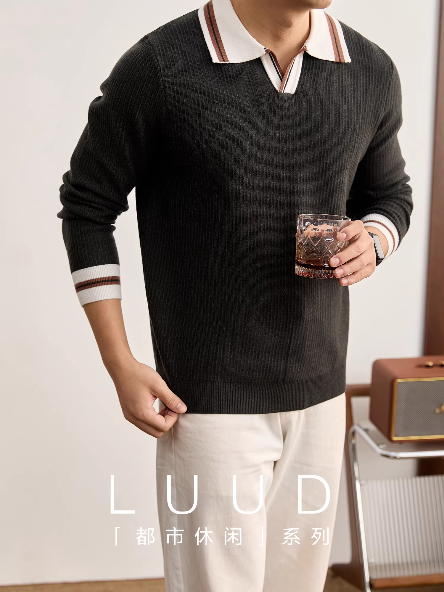Áo polo dệt kim phối màu phong cách đô thị LUUD dành cho nam với chất liệu len sợi modal dệt kim có vân dọc
