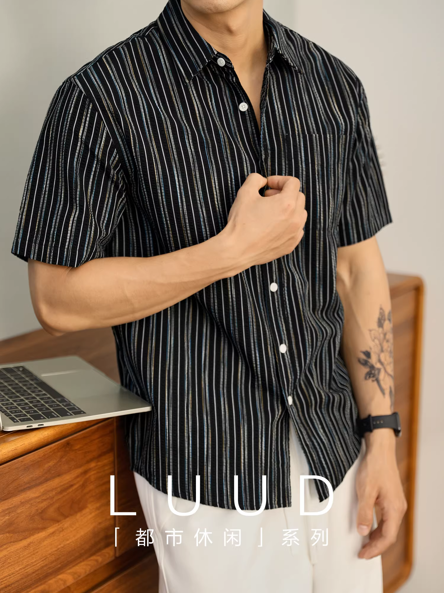 Áo sơ mi nam đô thị LUUD có cổ sọc nhiều màu sắc thoáng khí kết cấu bong bóng cotton nguyên chất ngắn tay màu đen áo sơ mi hợp thời trang