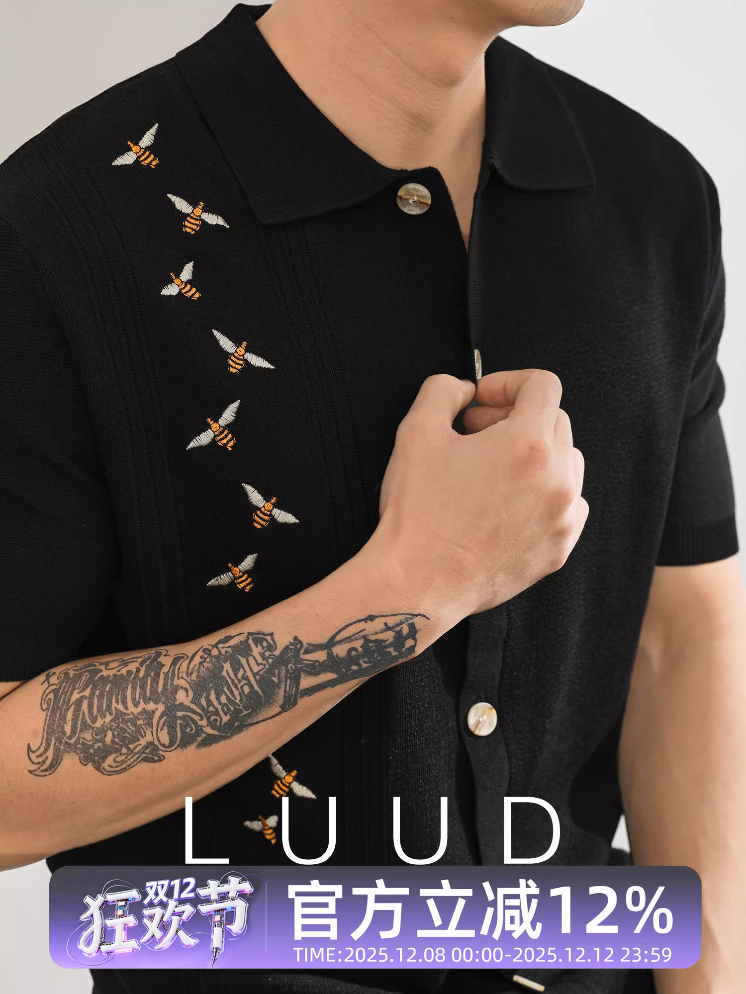 Áo sơ mi polo dệt kim thêu LUUD Little Bee dành cho nam, áo thun cardigan thiết kế mùa hè, áo sơ mi ngắn tay cổ bẻ sang trọng nhẹ nhàng.