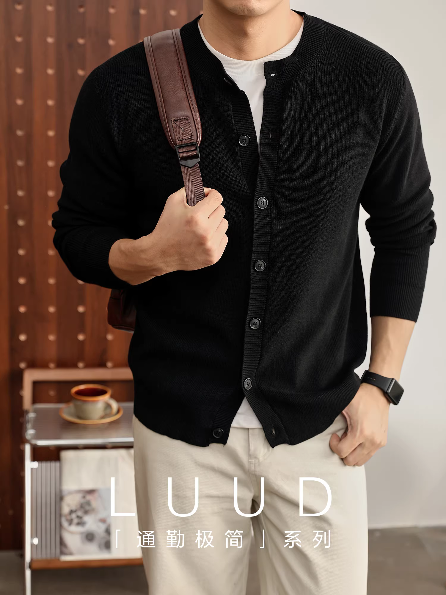Áo len dệt kim có gân pha len mềm mại thân thiện với da LUUD dành cho nam, áo khoác len cổ tròn đơn giản, giản dị cho mùa thu
