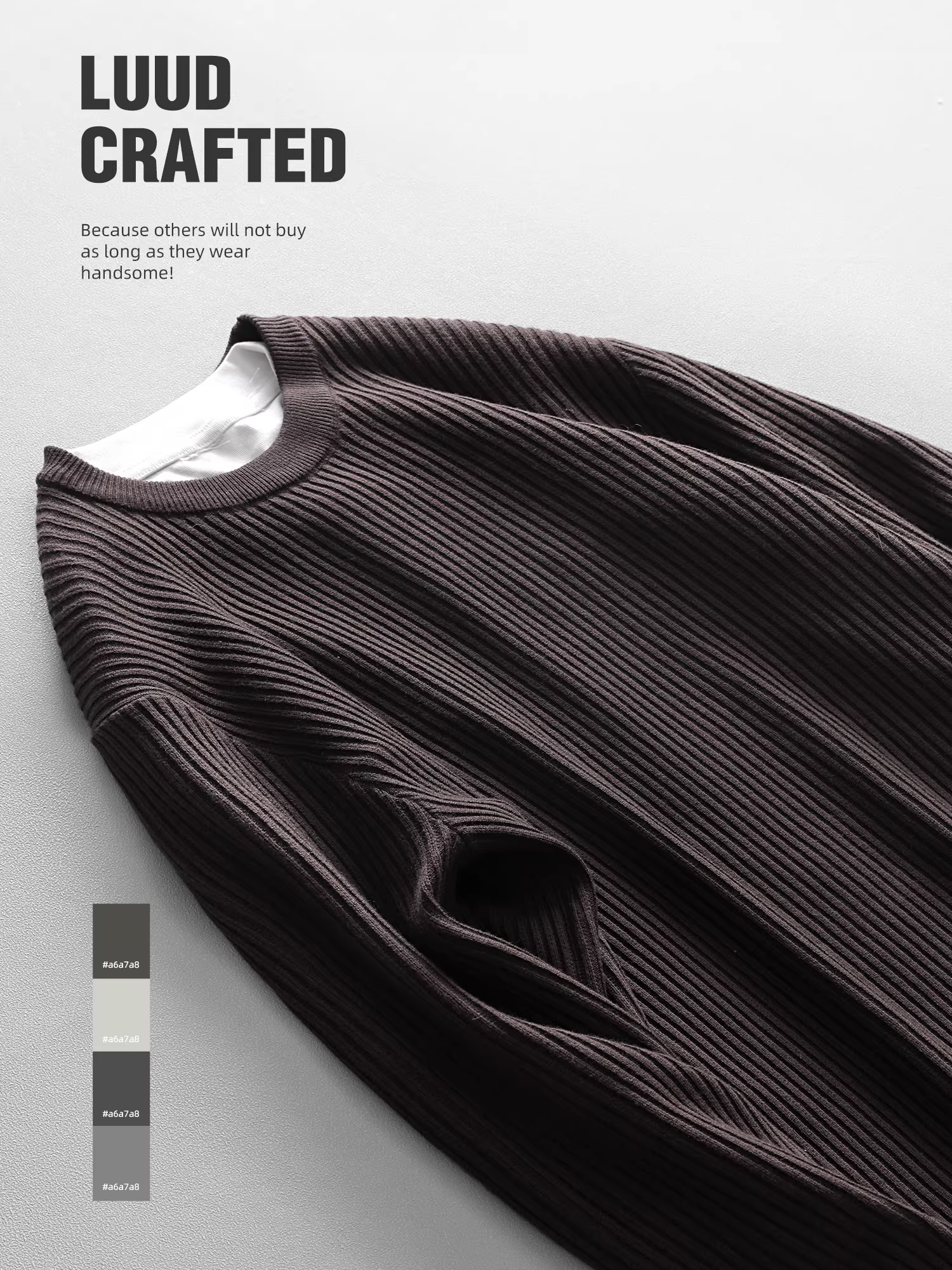 Áo len dệt kim dài tay kiểu dáng LUUD màu trơn, chất liệu dệt gân dọc, dành cho nam, áo len cổ tròn dài tay đa năng để mặc ở nhà