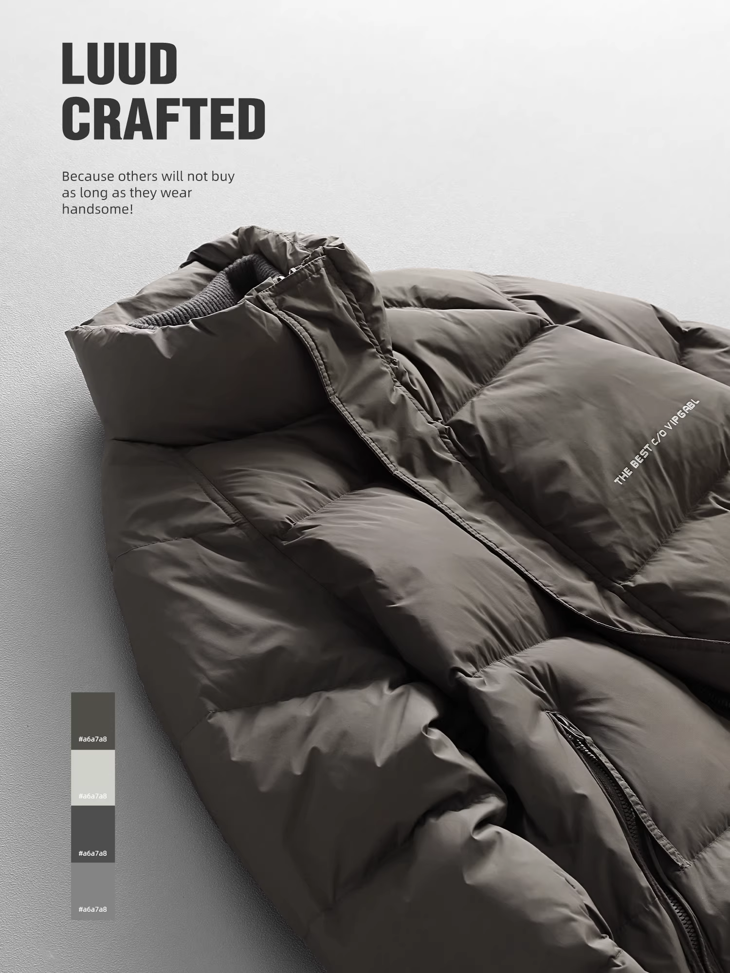 Ưu đãi đặc biệt: Áo khoác phao nam mùa đông ấm áp, kiểu dáng thời trang, in chữ đơn giản, không mũ, cổ đứng.