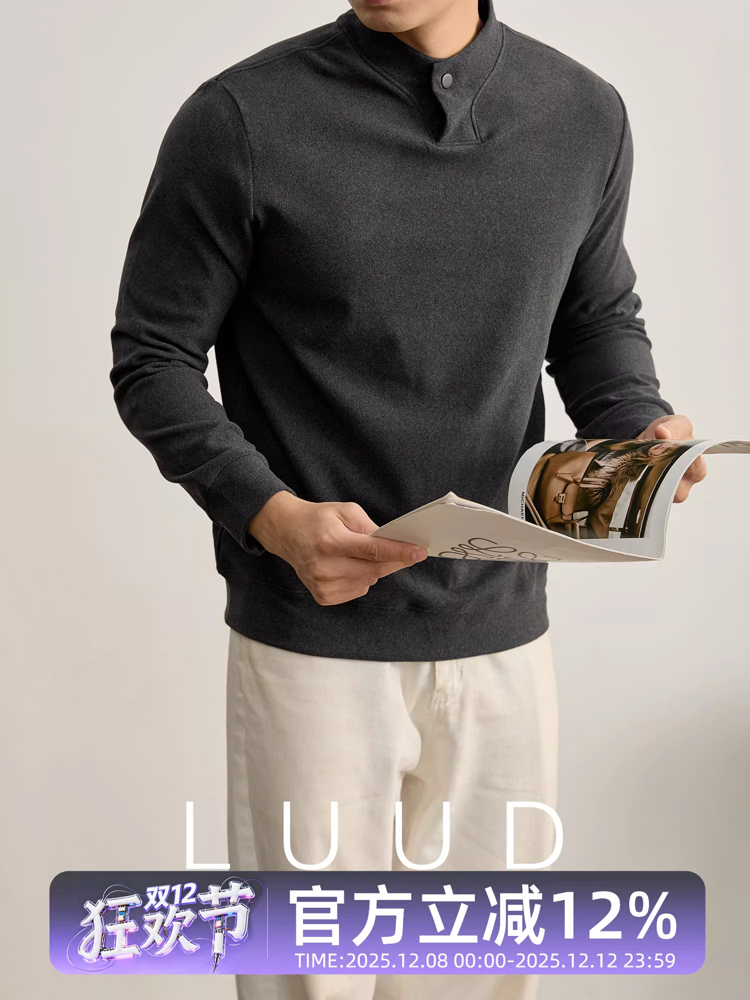 Áo thun nam dài tay mềm mại mùa đông LUUD có áo len bên trong, nhung giữ nhiệt hai mặt, áo sơ mi cổ đứng một nút ấm áp.