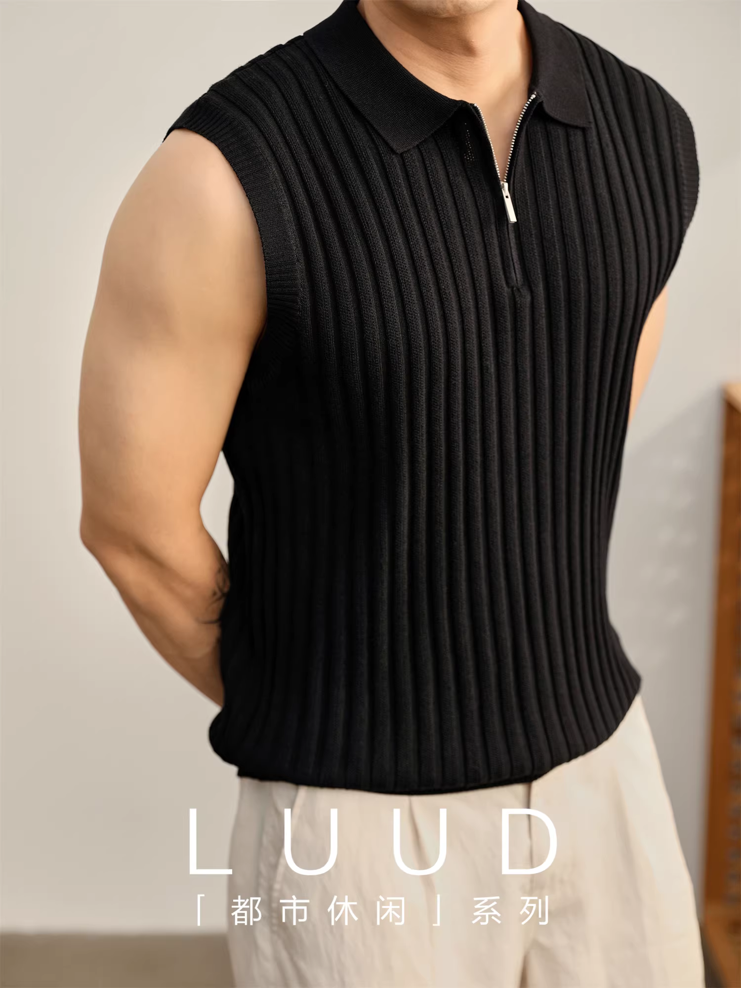 Áo polo nam LUUD đơn giản và phong cách, kiểu nửa khóa kéo không tay, phong cách tiền cổ điển, áo gile dệt kim cao cấp nhẹ nhàng với cổ áo lật.