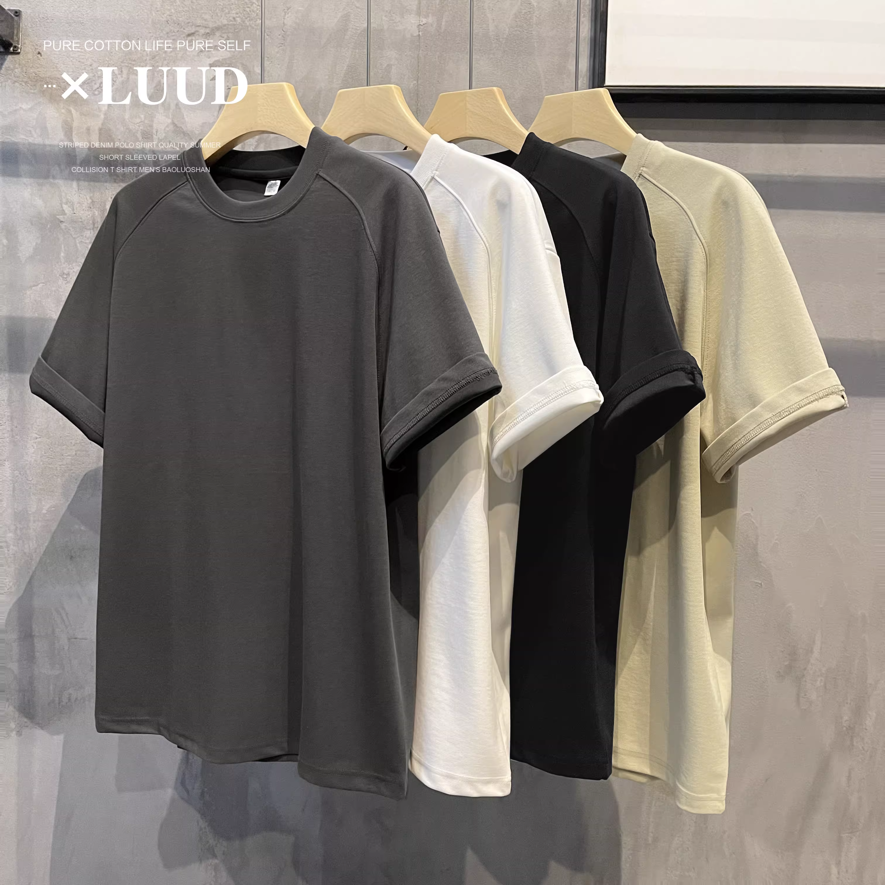 Áo thun LUUD twill đơn giản đa năng cổ tròn màu trơn thoáng khí tay raglan giản dị kiểu Nhật cổ điển dành cho nam