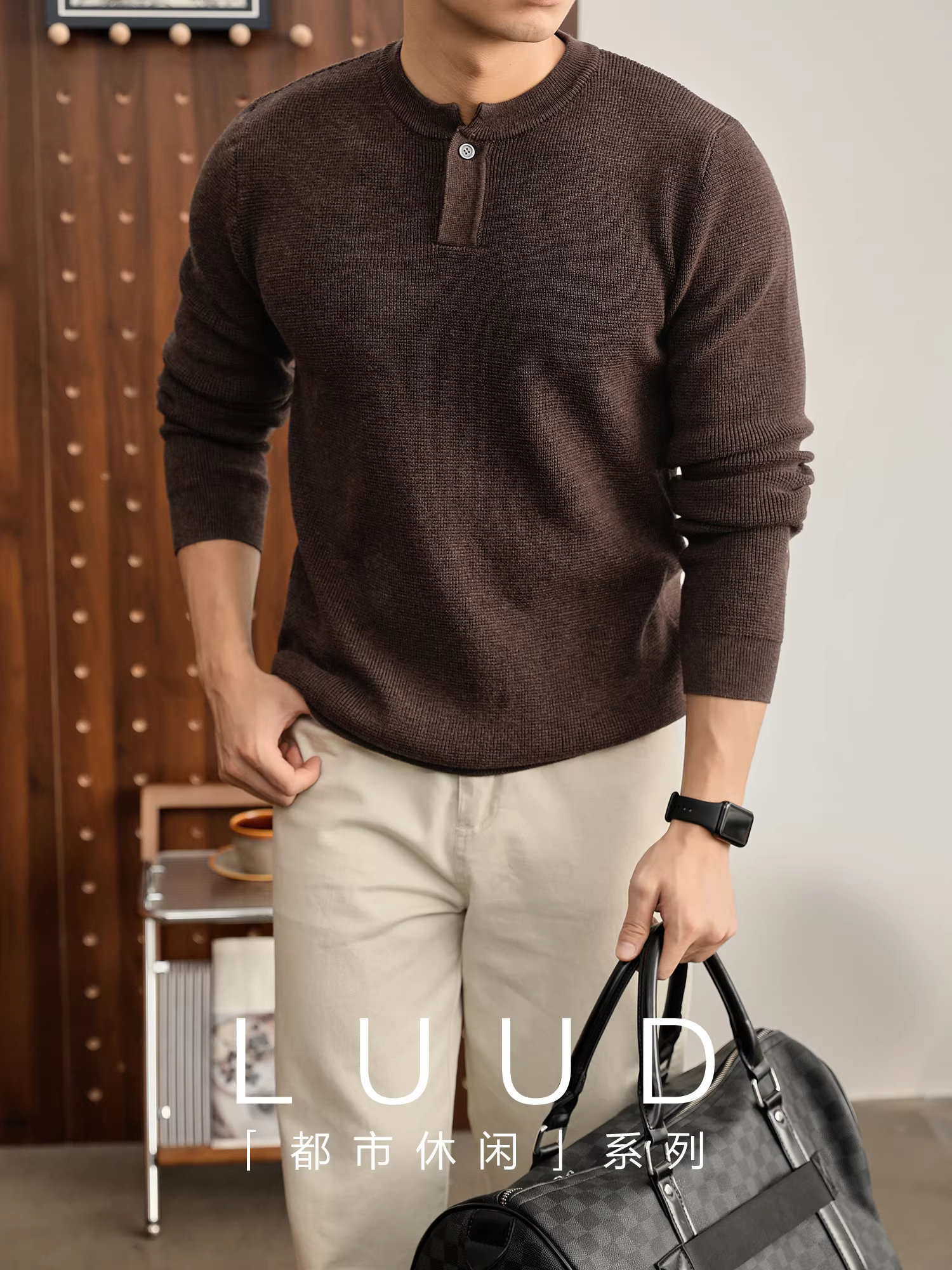 LUUD len pha trộn cổ Henry áo dệt kim nam kiểu Mỹ cổ điển họa tiết bánh quế áo dệt kim dài tay dáng ôm