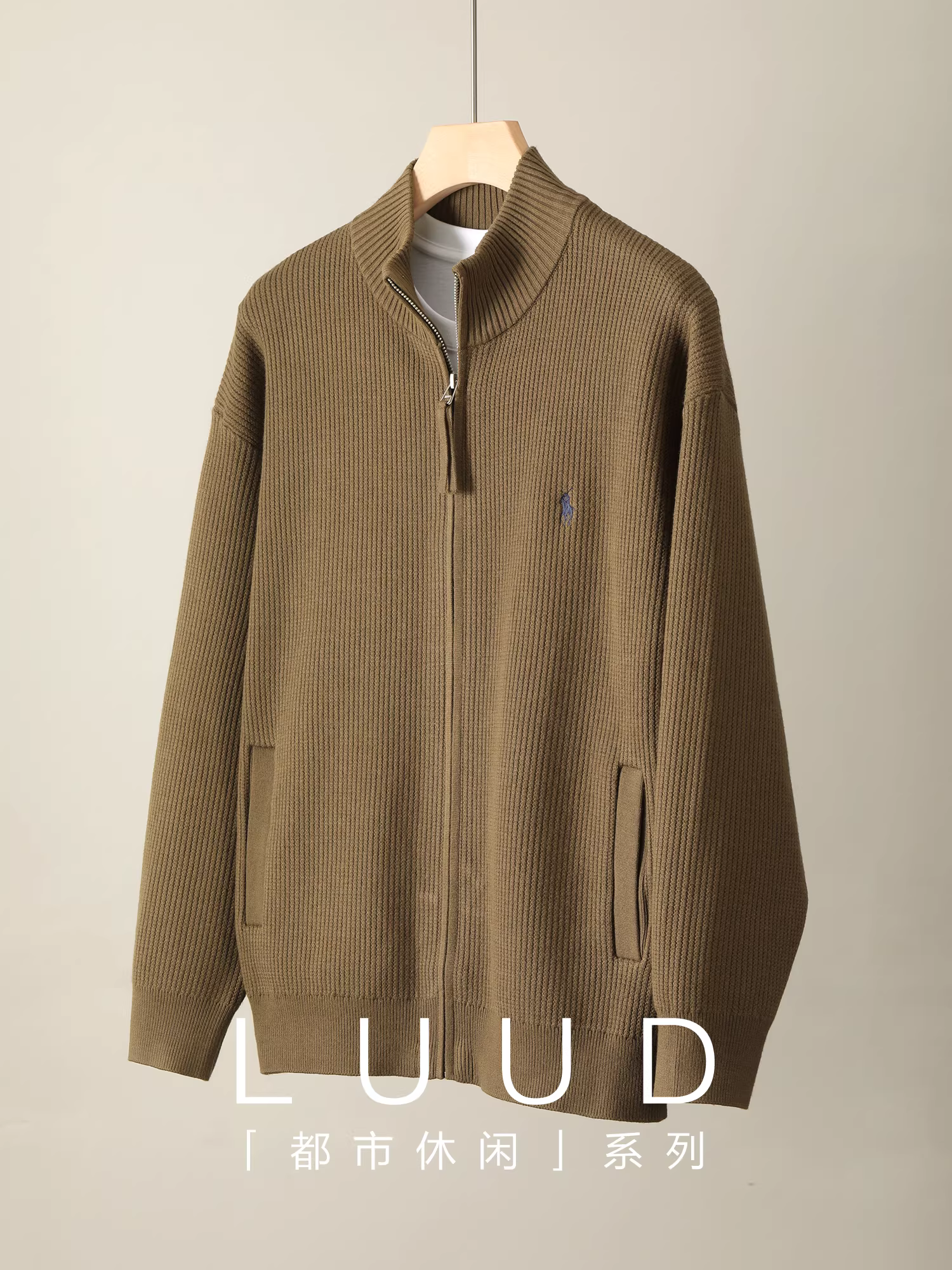 Áo len dệt kim thêu họa tiết cao cấp LUUD Lyocell pha trộn, cổ đứng, khóa kéo, mùa thu đông dành cho nam