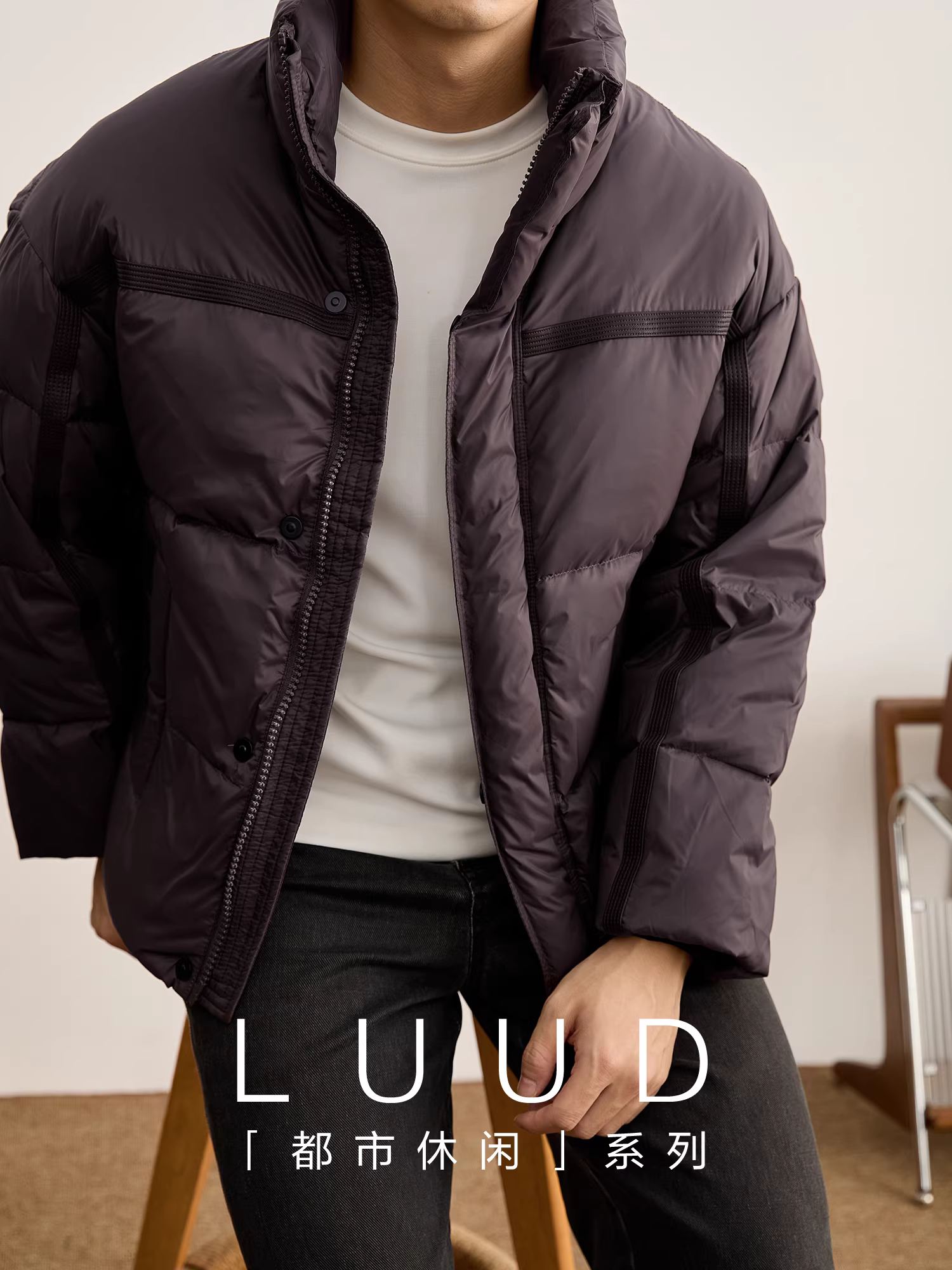 Áo khoác lông vũ trắng tiêu chuẩn quốc gia mùa đông dành cho nam LUUD có cổ đứng với các đường may bằng da để giữ ấm