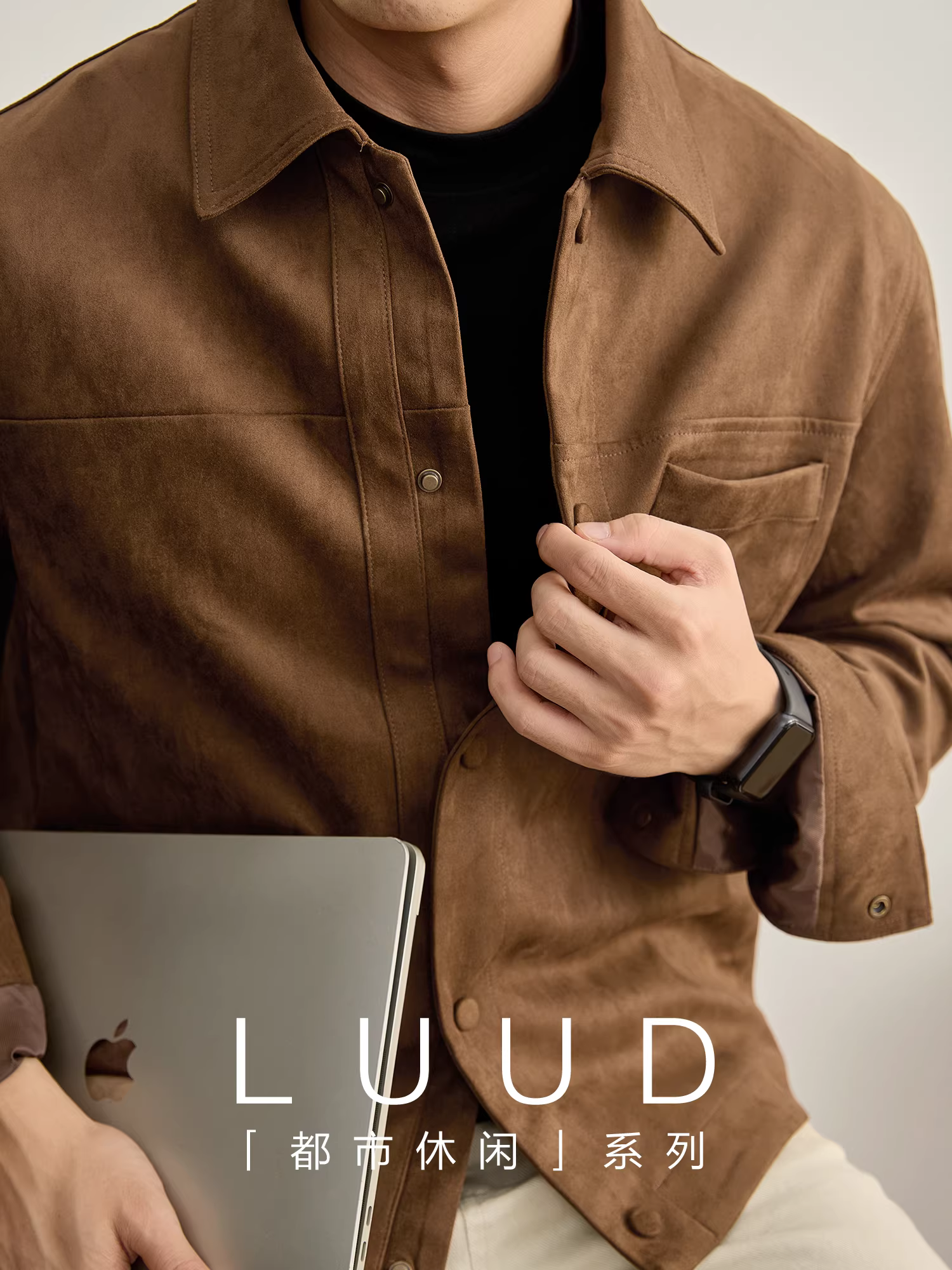 Áo khoác công sở da lộn thời trang LUUD dành cho nam với cấu trúc phân đoạn, túi vá đơn, áo khoác cổ bẻ ấm áp