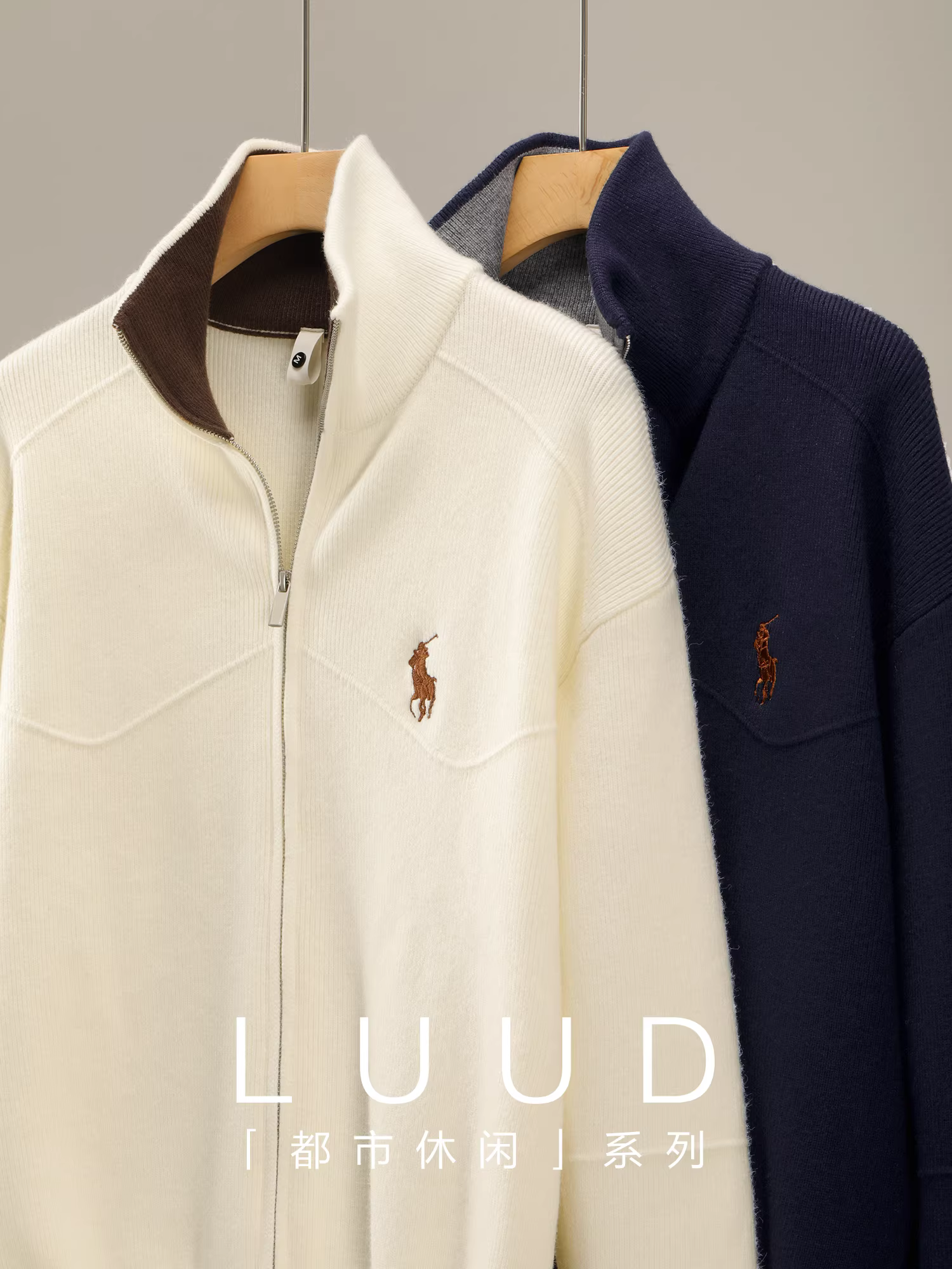 Áo cardigan nam dệt kim có khóa kéo, phối màu, thêu họa tiết hiệp sĩ, thiết kế đường nét phân đoạn và chất liệu gân nổi.