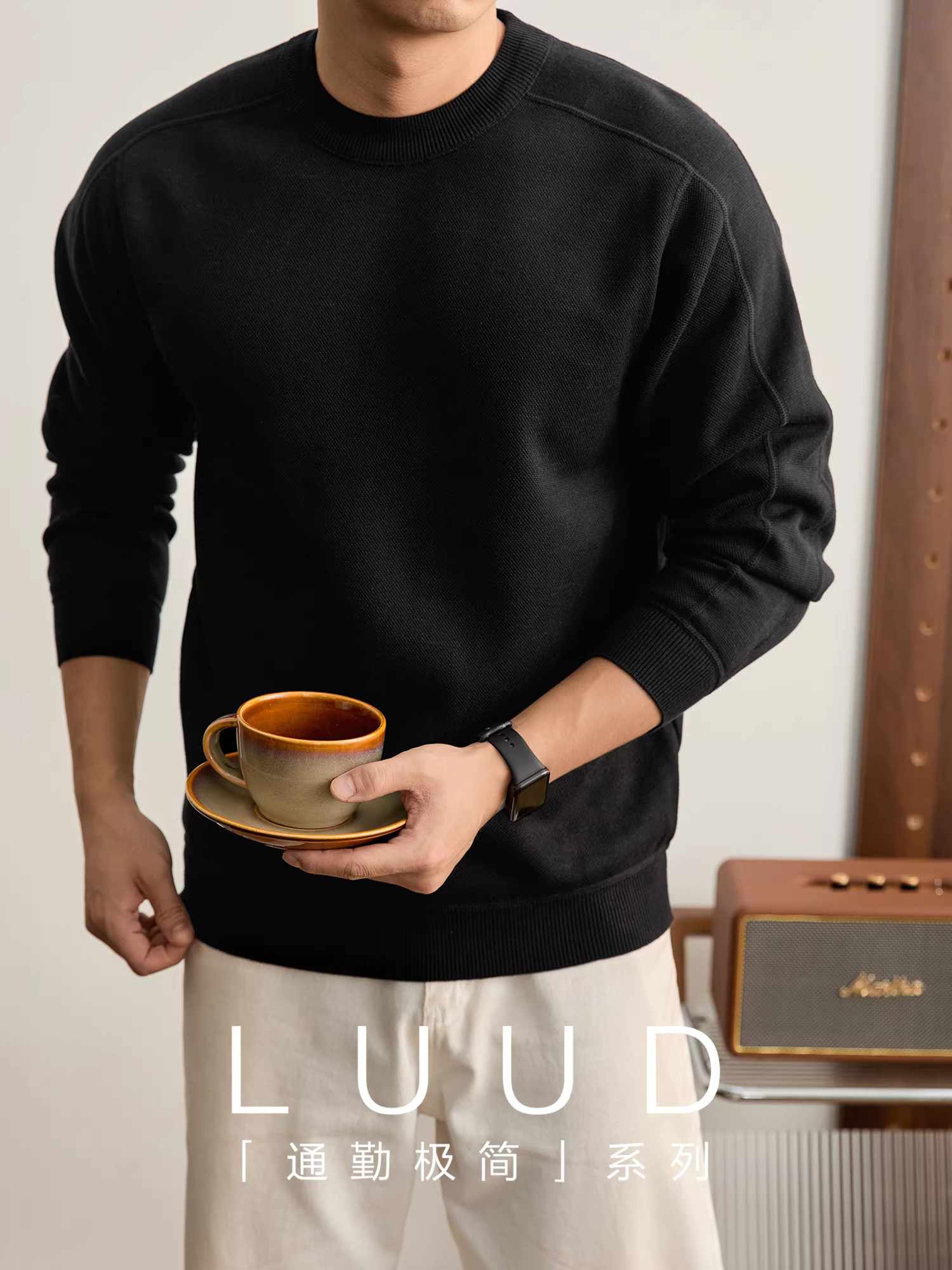 Áo len cổ tròn LUUD dày 360G, chất liệu chống xù, tích hợp lớp lông cừu, thiết kế tối giản, đa năng, lót lông cừu, giữ ấm, dành cho nam