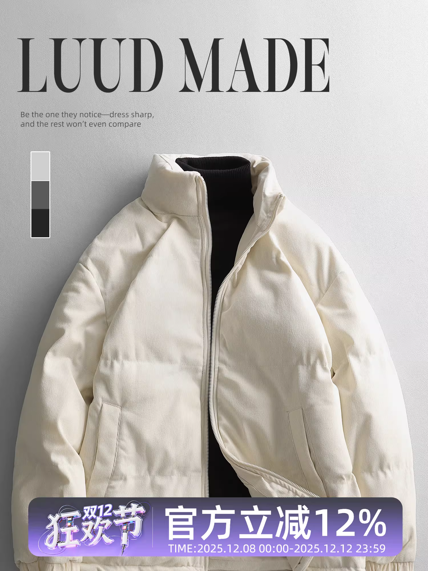 Áo khoác cotton có gân LUUD dành cho nam, áo khoác cotton ấm áp thương hiệu hợp thời trang mùa đông, áo khoác phao cổ đứng dày dặn.