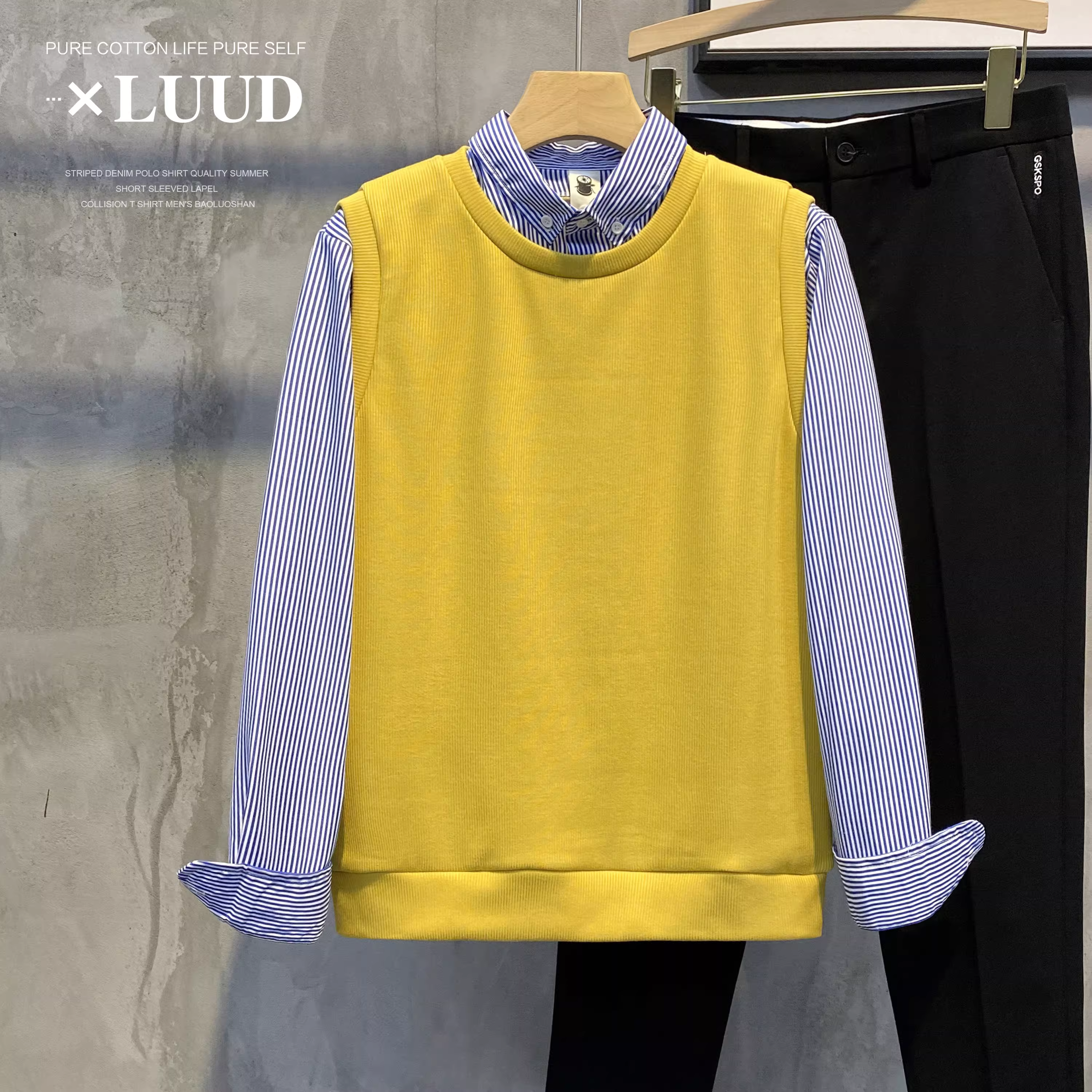 Áo sơ mi phối sọc mùa thu đông LUUD cổ áo giả hai mảnh dành cho nam, áo len dệt kim ấm áp có lót lông cừu kiểu dáng ôm vừa vặn sành điệu