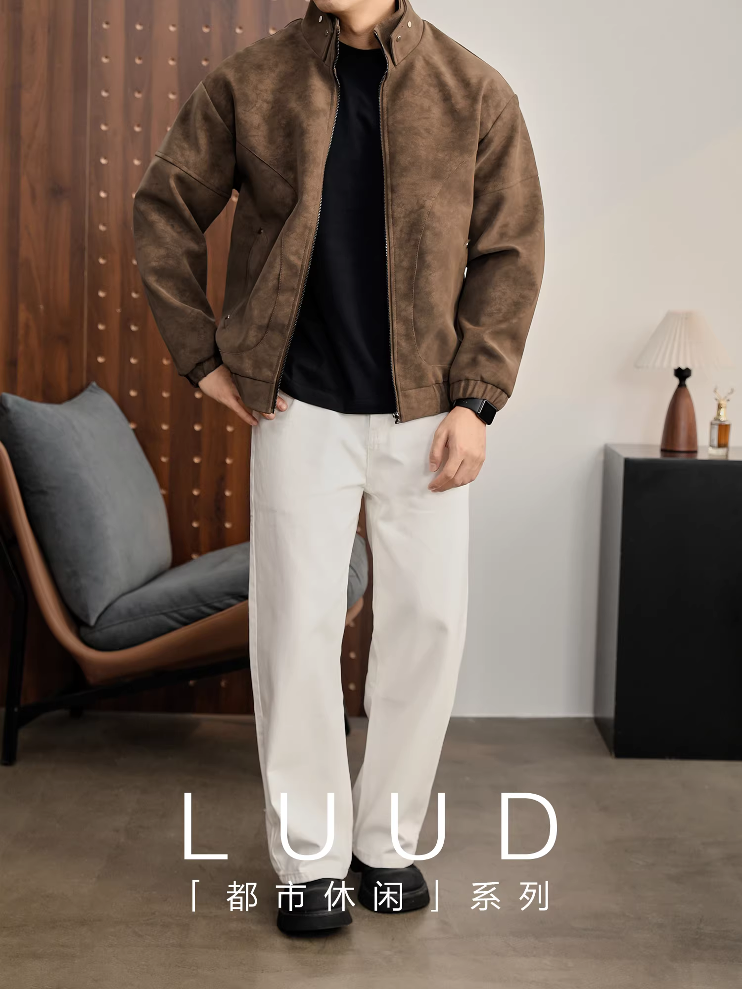 Áo khoác da PU nam LUUD Maillard chất liệu giả da vân gỗ mùa đông ấm áp, kiểu dáng hiện đại, cổ đứng.