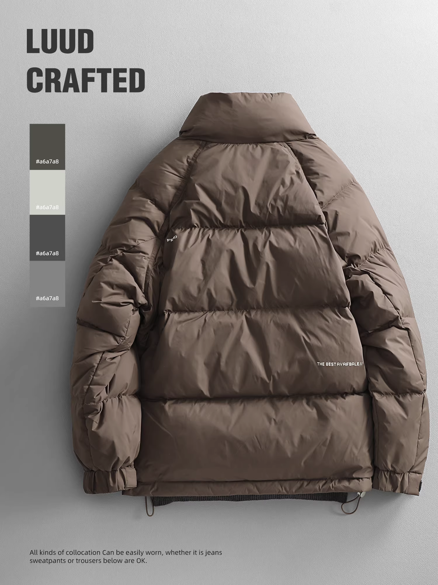 Ưu đãi đặc biệt: Áo khoác phao nam mùa đông ấm áp, kiểu dáng thời trang, in chữ đơn giản, không mũ, cổ đứng.