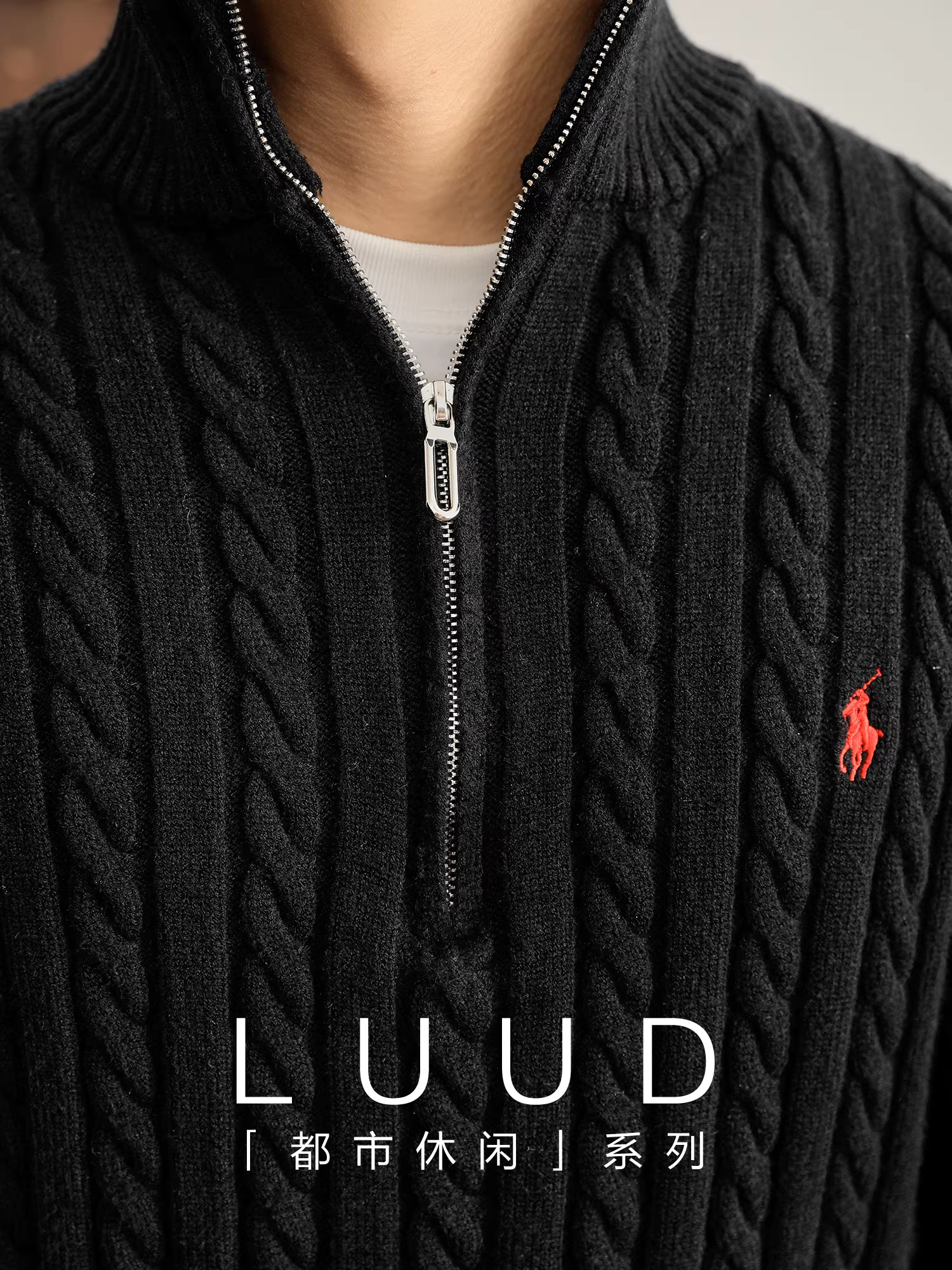 Áo len nam chất liệu sợi lõi xoắn cao cấp LUUD, chống xù, co giãn tốt, kiểu nửa khóa kéo, dệt kim thêu.