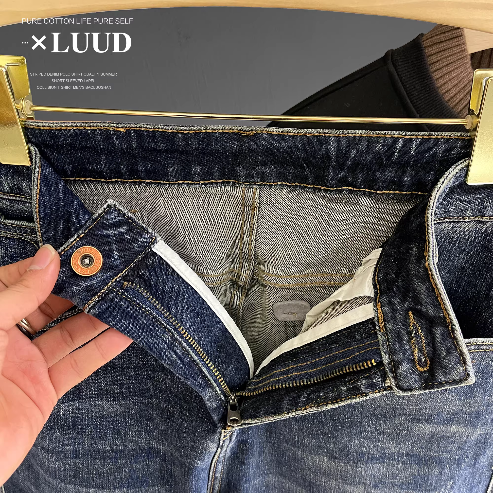 LUUD Mùa Thu Mới Giặt Cotton Feel Thẳng Quần Âu Nam Đơn Giản Đa Năng Quần Jean Thêu Màu Xanh