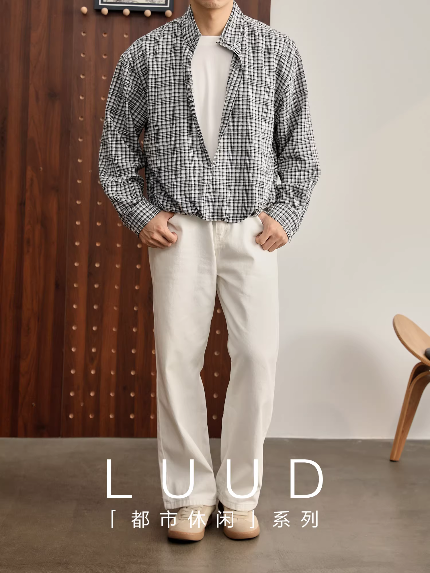 Áo sơ mi nam LUUD kiểu dáng retro, chất liệu vải lanh cotton giả hai lớp, kẻ caro, tay dài, vạt trước ngắn sau dài, cài nửa khuy.