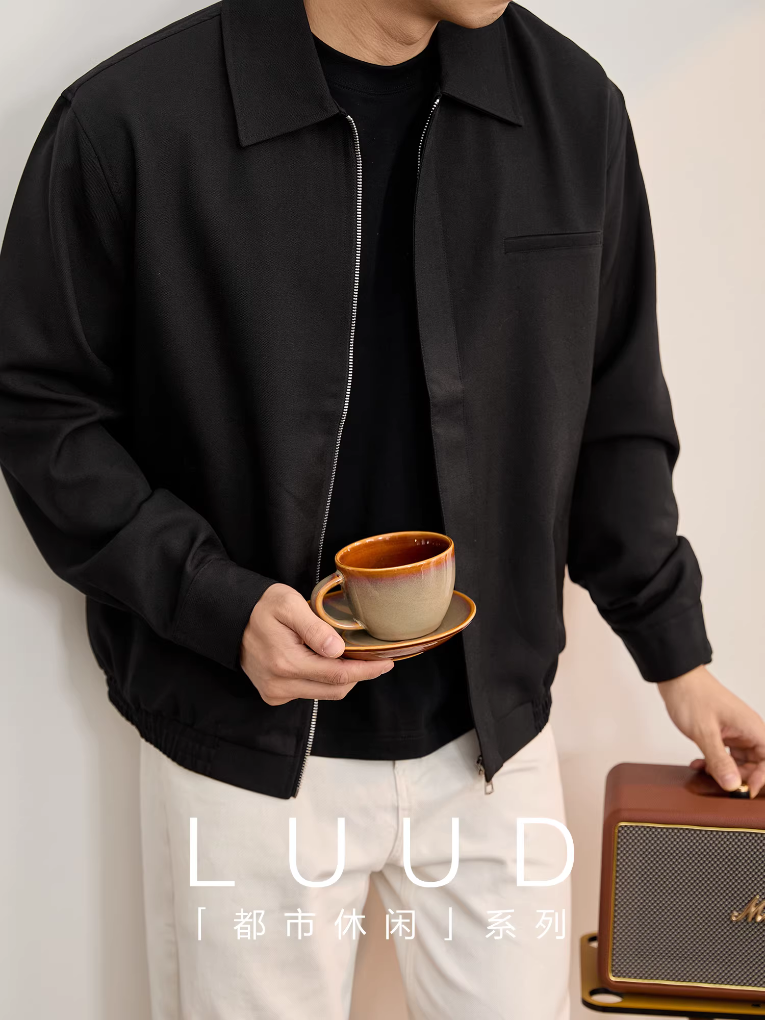 Áo khoác nam kiểu cổ điển LUUD mùa thu đông cổ điển màu trơn tối giản áo khoác ngắn có ve áo kiểu phi công