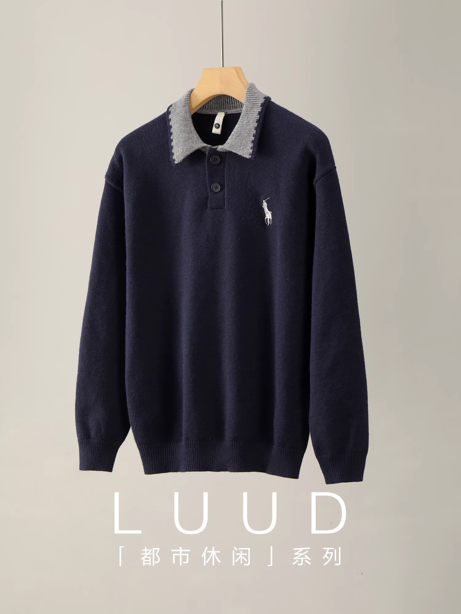 Áo len nam dệt kim chống xù, ấm áp, thêu họa tiết hiệp sĩ, phối màu cổ áo, tay dài, kiểu áo polo, mùa thu đông.