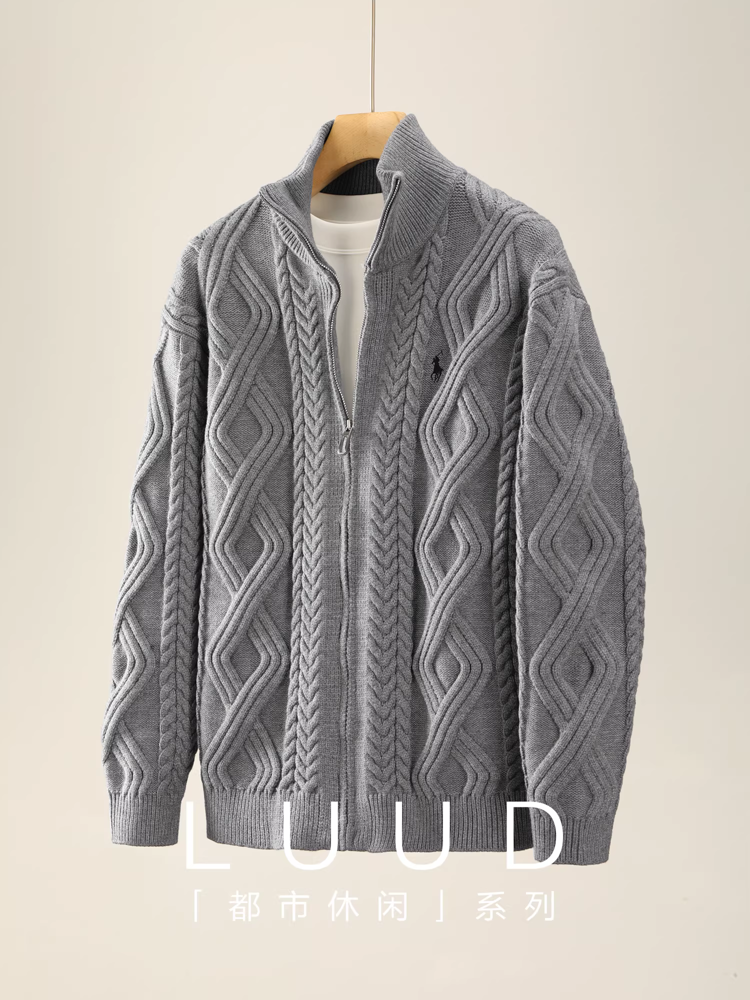 Áo len dệt kim nam LUUD Modal chống xù, chất liệu sợi lõi xoắn, kiểu dáng thêu họa tiết hiệp sĩ, giữ ấm