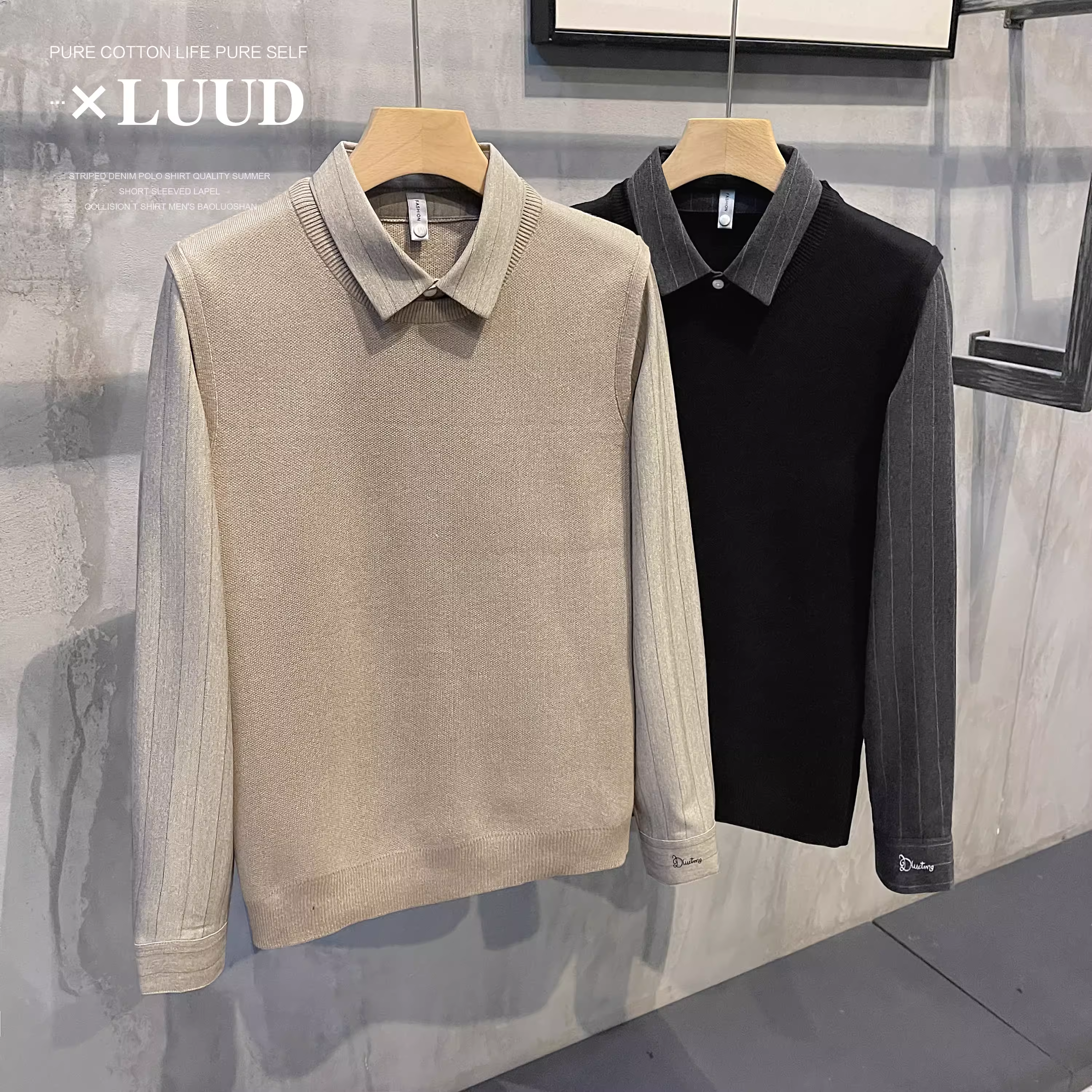 Áo sơ mi chắp vá mùa thu đông LUUD với thiết kế giả hai mảnh, áo len dệt kim phong cách Anh trưởng thành, áo khoác đen dành cho nam.