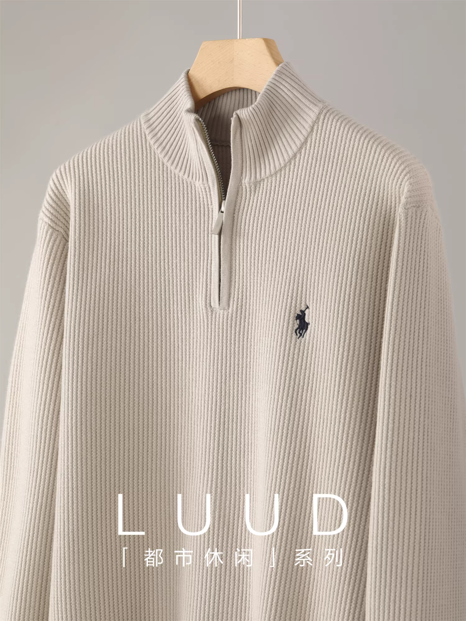 Áo len nam LUUD thu đông thêu họa tiết hiệp sĩ, cổ lọ, khóa kéo, chất liệu Tencel Lyocell, nhung ấm, kiểu dáng thường ngày