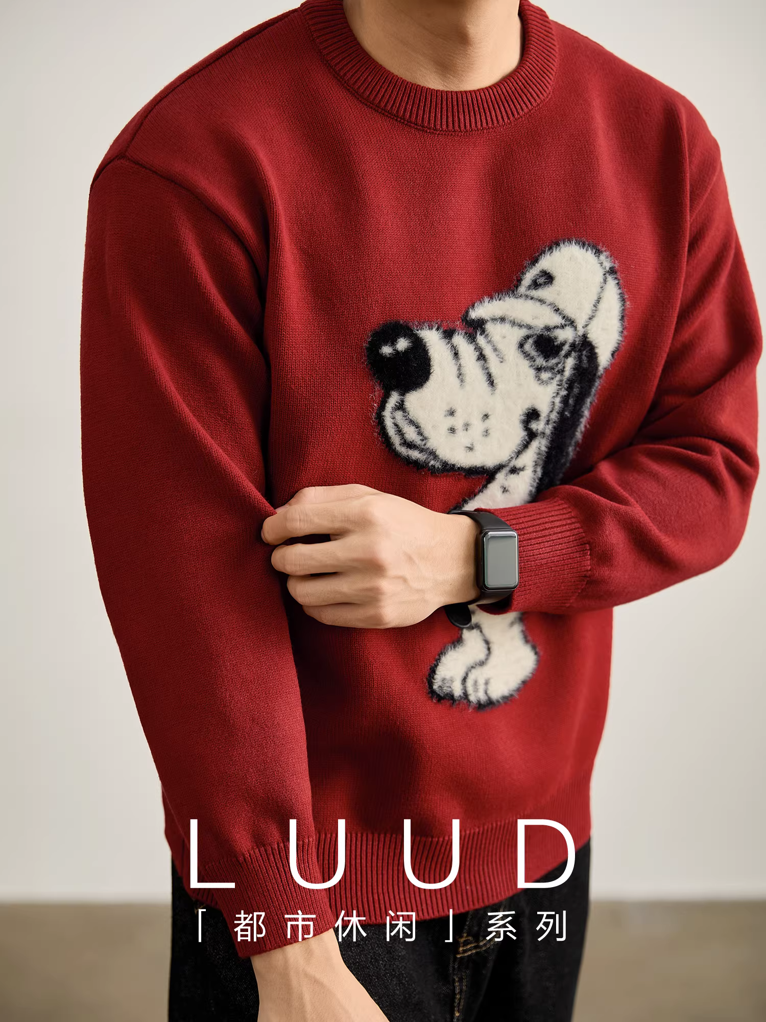 Áo len cổ tròn màu đỏ lễ hội LUUD, dễ thương và đáng yêu, thêu hình chó 3D bằng chất liệu nhung mềm mại dành cho nam