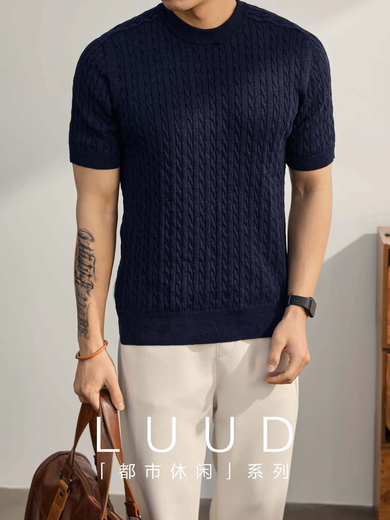 Áo thun dệt kim cao cấp LUUD dành cho nam, áo len pha len thân thiện với làn da, áo sơ mi ngắn tay thời trang mùa hè