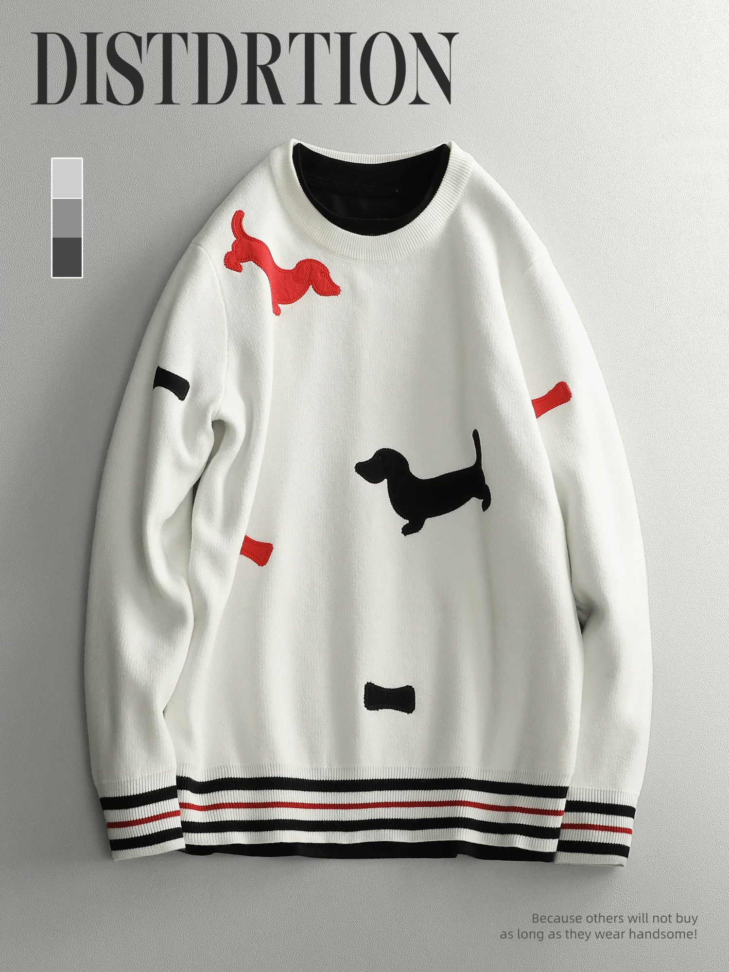Ưu đãi đặc biệt: Áo len dệt kim thêu hình chó, phối màu bốn sọc thời thượng và năng động, được làm từ sợi modal core-spun, kiểu dáng ôm sát.