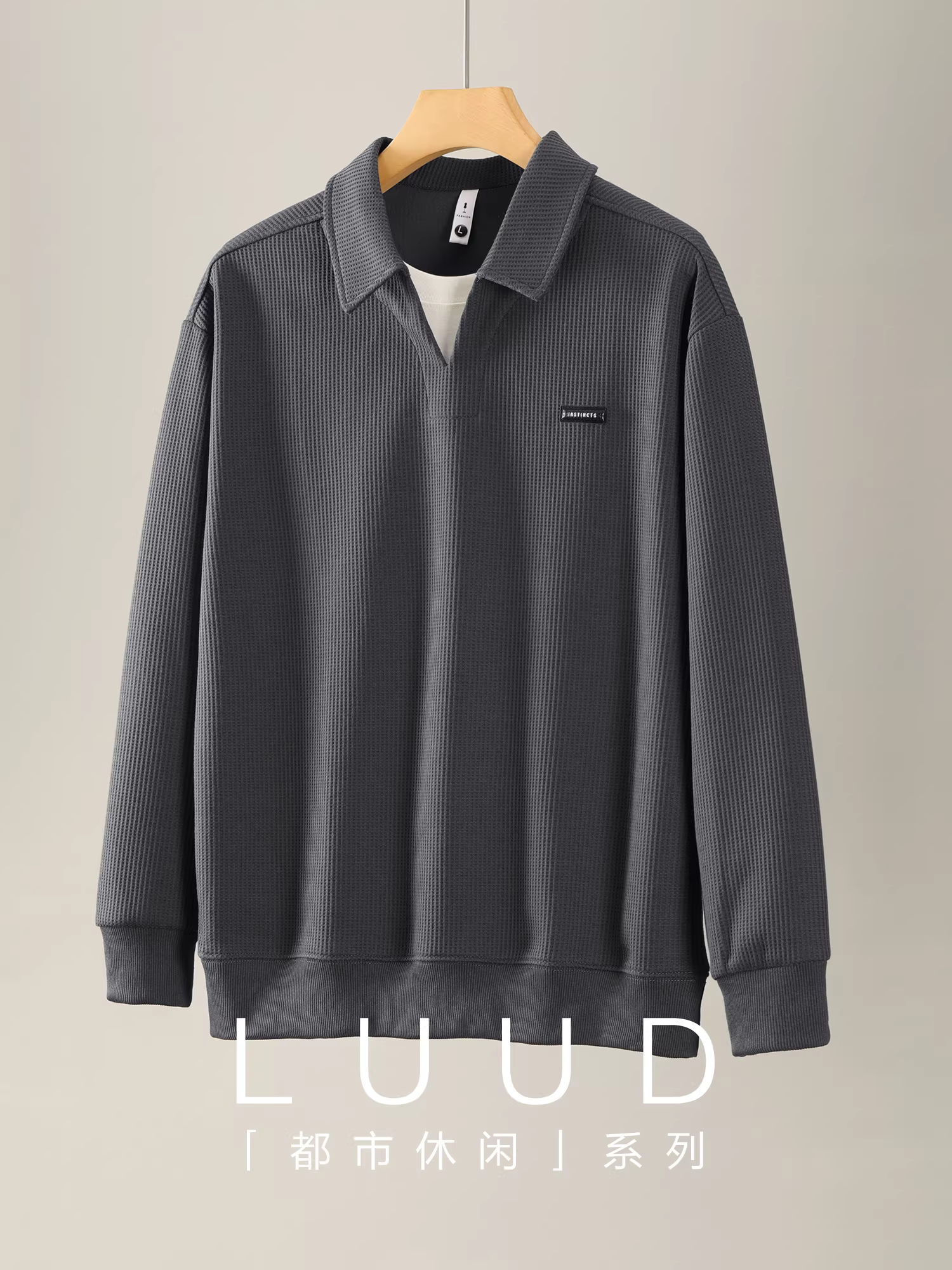 Áo thun nam LUUD giả hai lớp cổ áo hai lớp họa tiết bánh quế áo thun nam thời trang tối giản áo sơ mi POLO dài tay