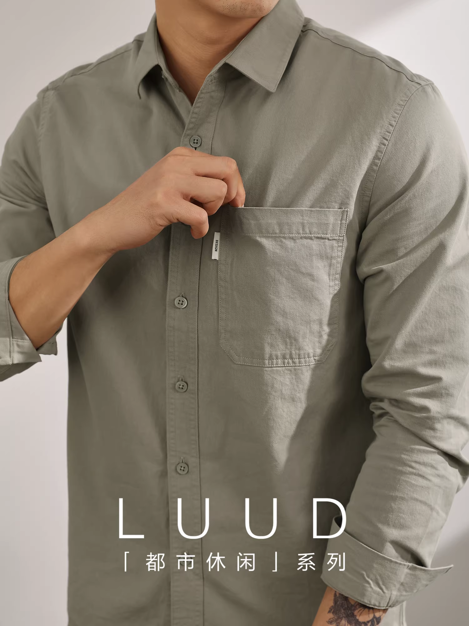 Áo sơ mi nam LUUD chất liệu cotton nguyên chất, màu xanh nhạt, bền mài mòn, đa năng, mặc hàng ngày, có túi, kiểu dáng ôm sát.