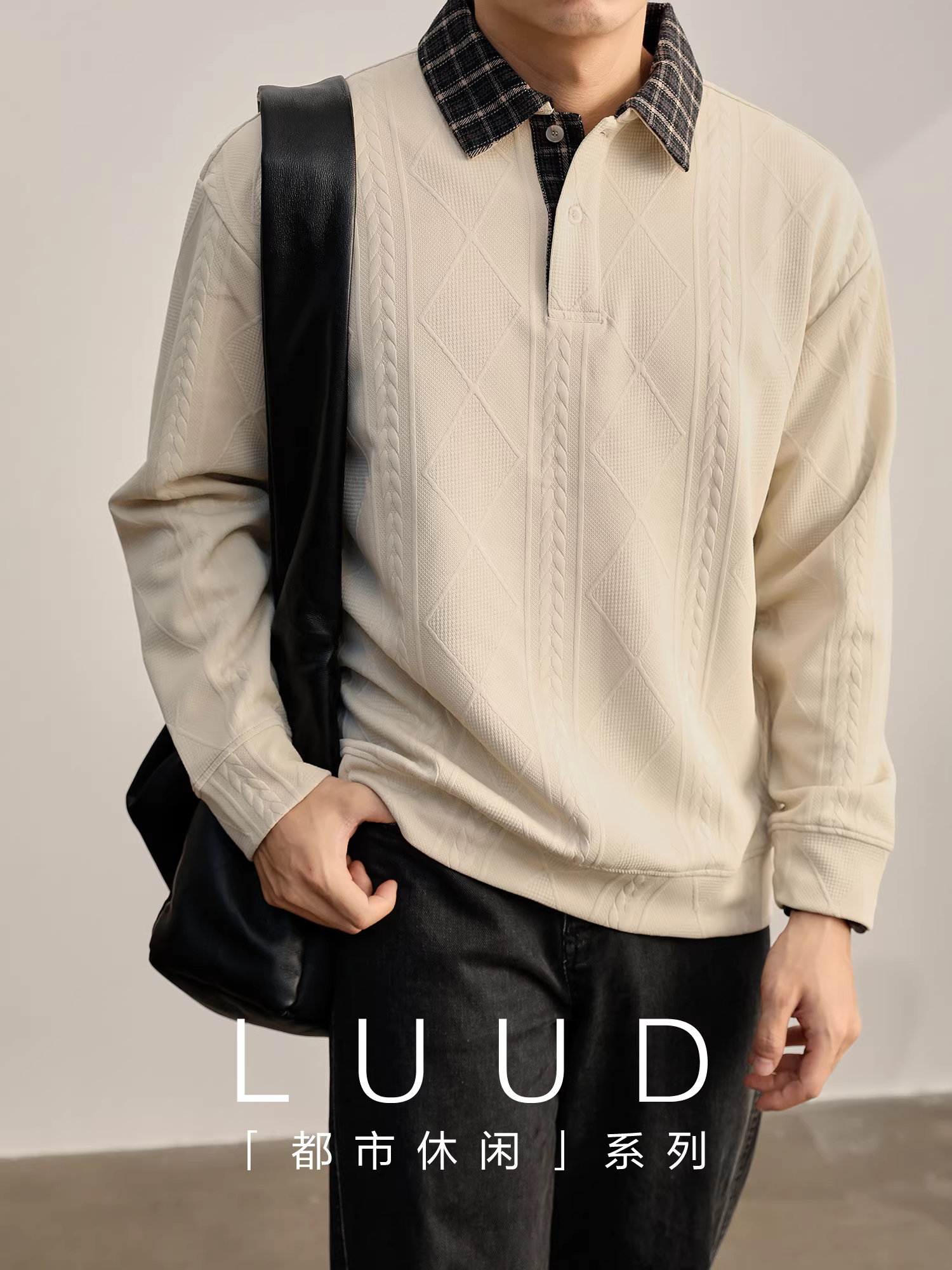 Áo len nam phối màu LUUD, kiểu dáng chắp vá, cổ áo phối màu, chất liệu dày dặn 300g, dệt kim jacquard hình thoi, tay dài, kiểu áo POLO