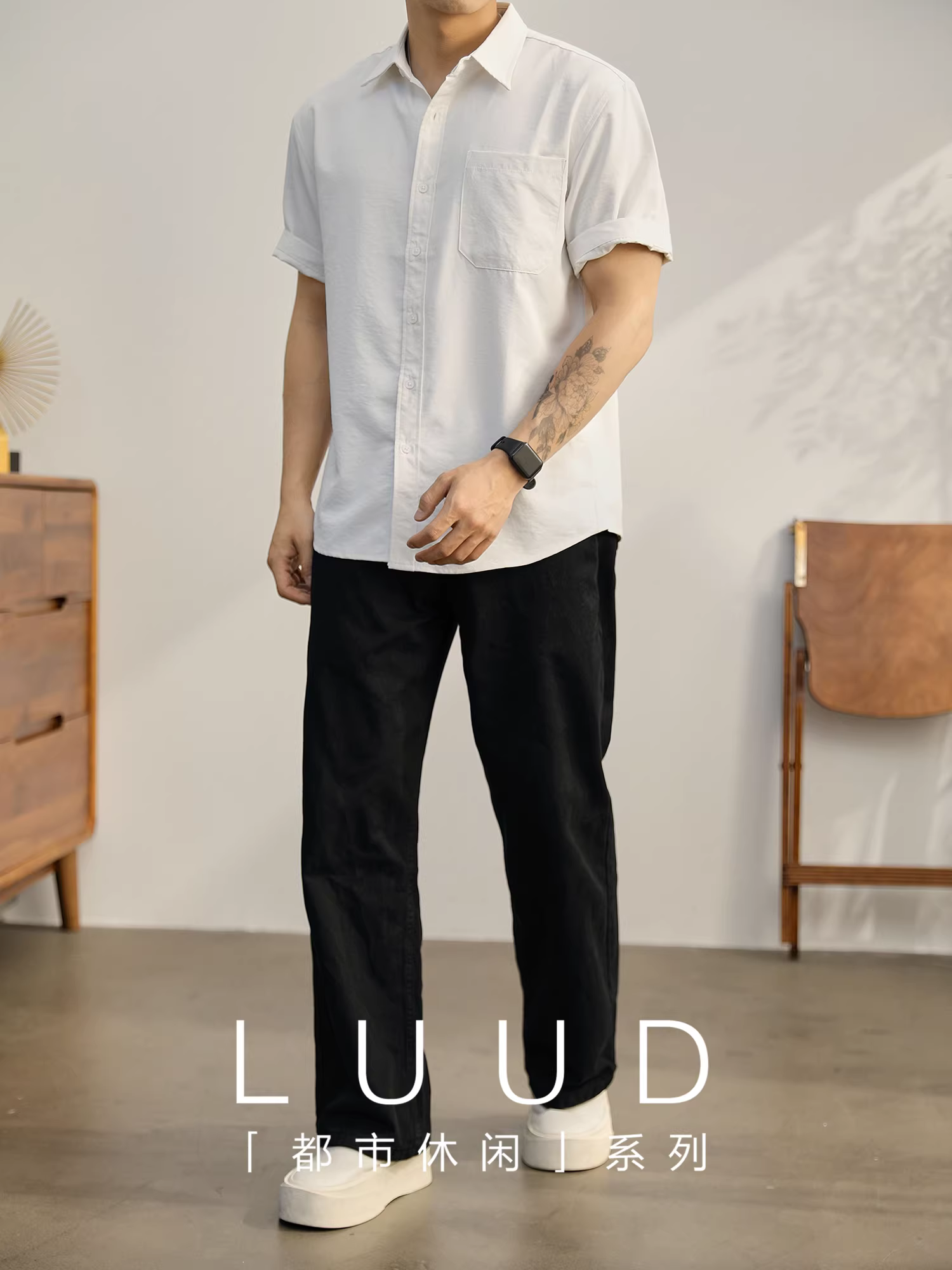Áo sơ mi ngắn tay màu trắng đơn giản phong cách đô thị LUUD dành cho nam mùa hè có túi vá ngực áo sơ mi viền cong
