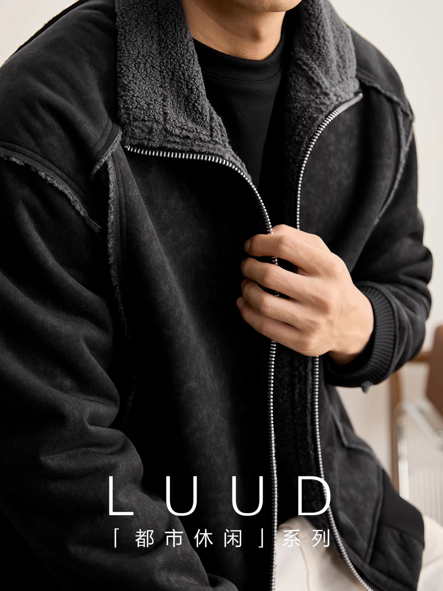 Áo khoác da lộn lông cừu dày dặn LUUD dành cho nam, được cắt và khâu, dày dặn để giữ ấm, áo khoác ngắn bằng len cừu