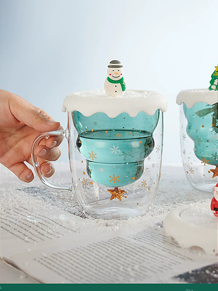 Cốc chúc mừng Giáng sinh, cốc thủy tinh hình cây thông Noel có tay cầm, quà tặng Giáng sinh, cốc nước chịu nhiệt có nắp, quà tặng sáng tạo