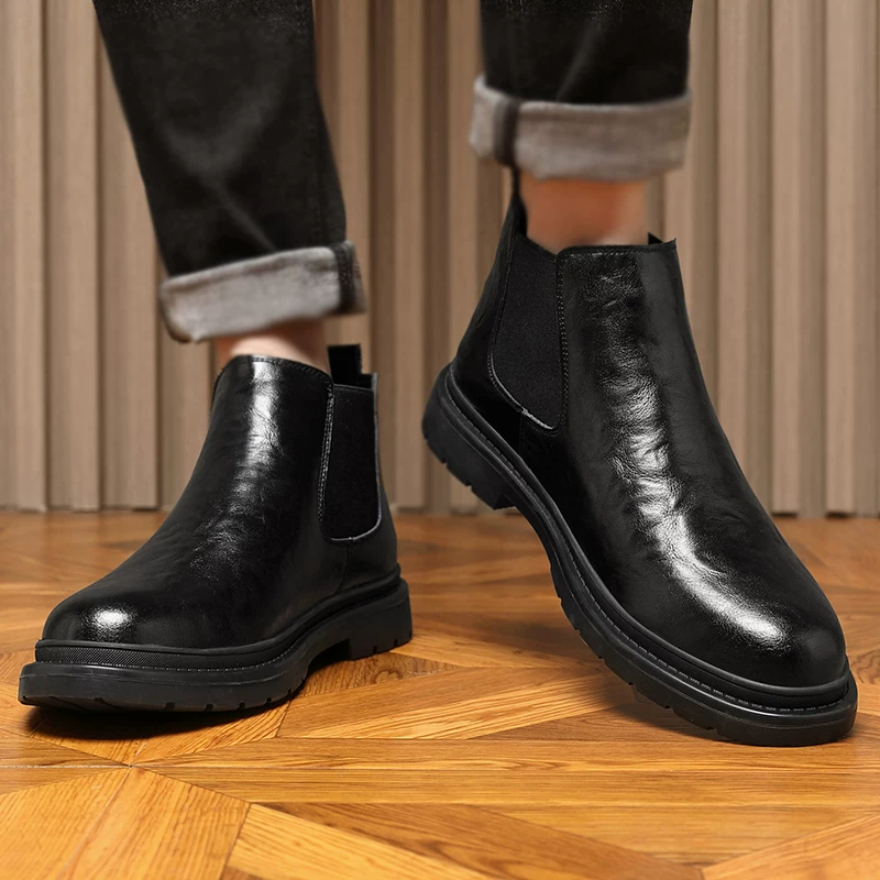 Giày Chelsea nam da thật mới, lót lông mùa đông, kiểu dáng trung cổ, giày da không dây, kiểu Martin, boots ngắn, đế mềm chống trơn